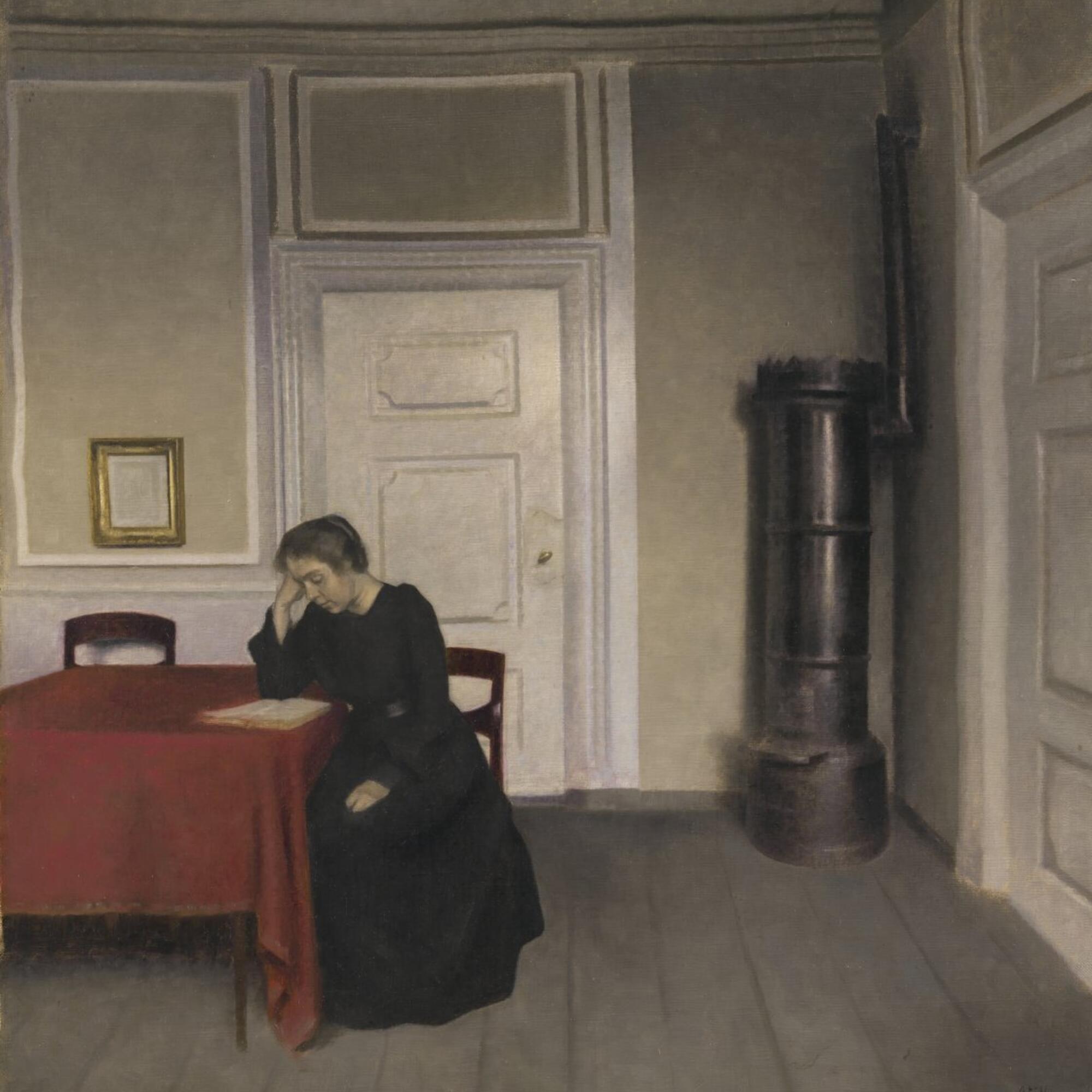 Una habitación en la casa de Vilhelm Hammershøi en Strandgade, Copenhague, con la mujer del artista, 1902
