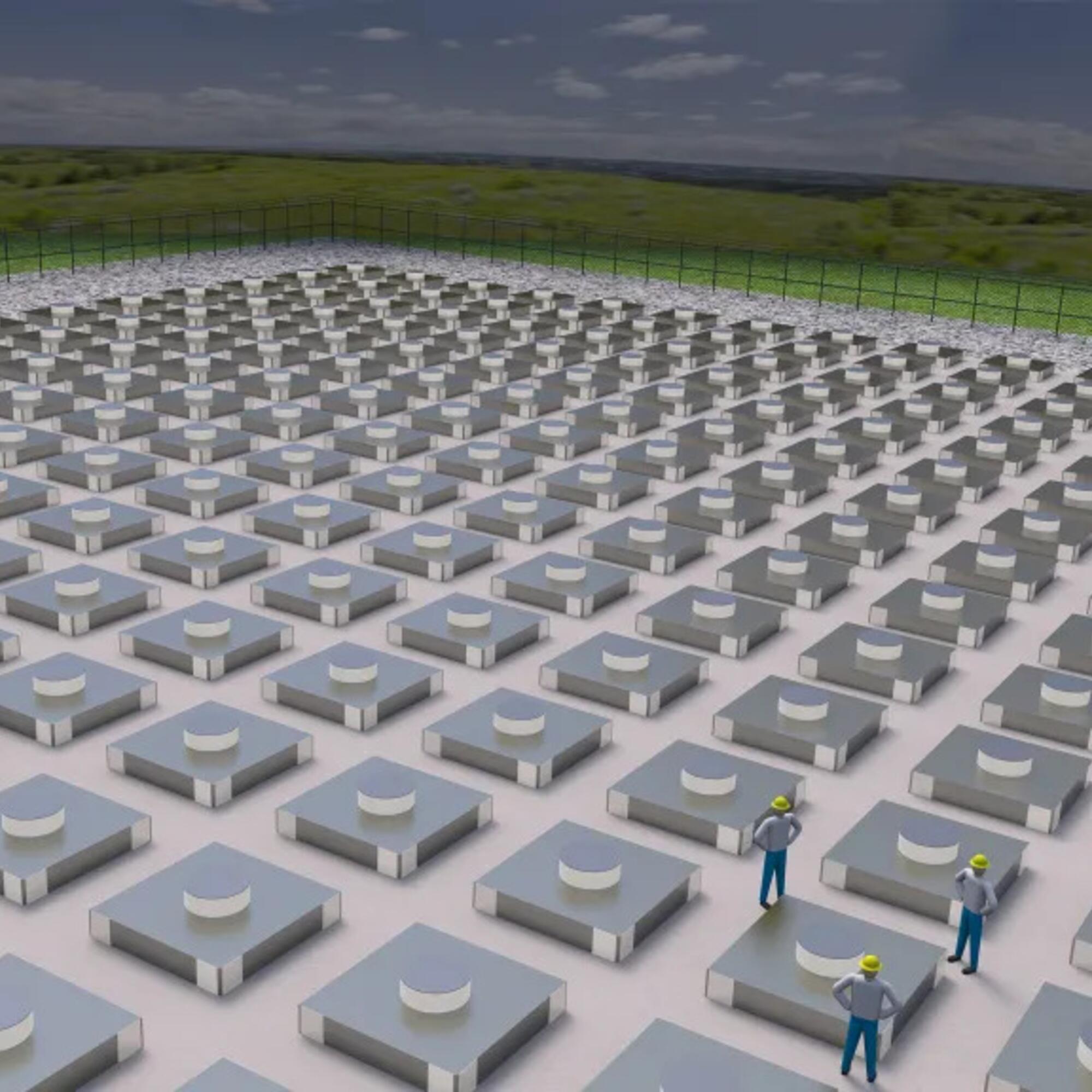 Representación artística de cómo habría sido el almacén provisional al aire libre de residuos radiactivos de Holtec en Nuevo México. (Imagen: Holtec International)
