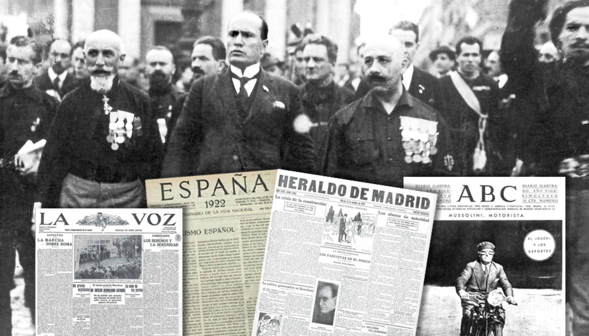 Mussolini en la Marcha sobre Roma, con algunas páginas de periódicos españoles.