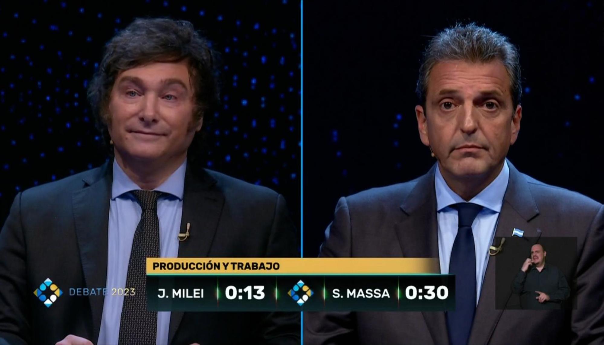 Debate entre Javier Milei y Sergio Massa, candidatos de la segunda vuelta de las elecciones argentinas, este 19 de noviembre.