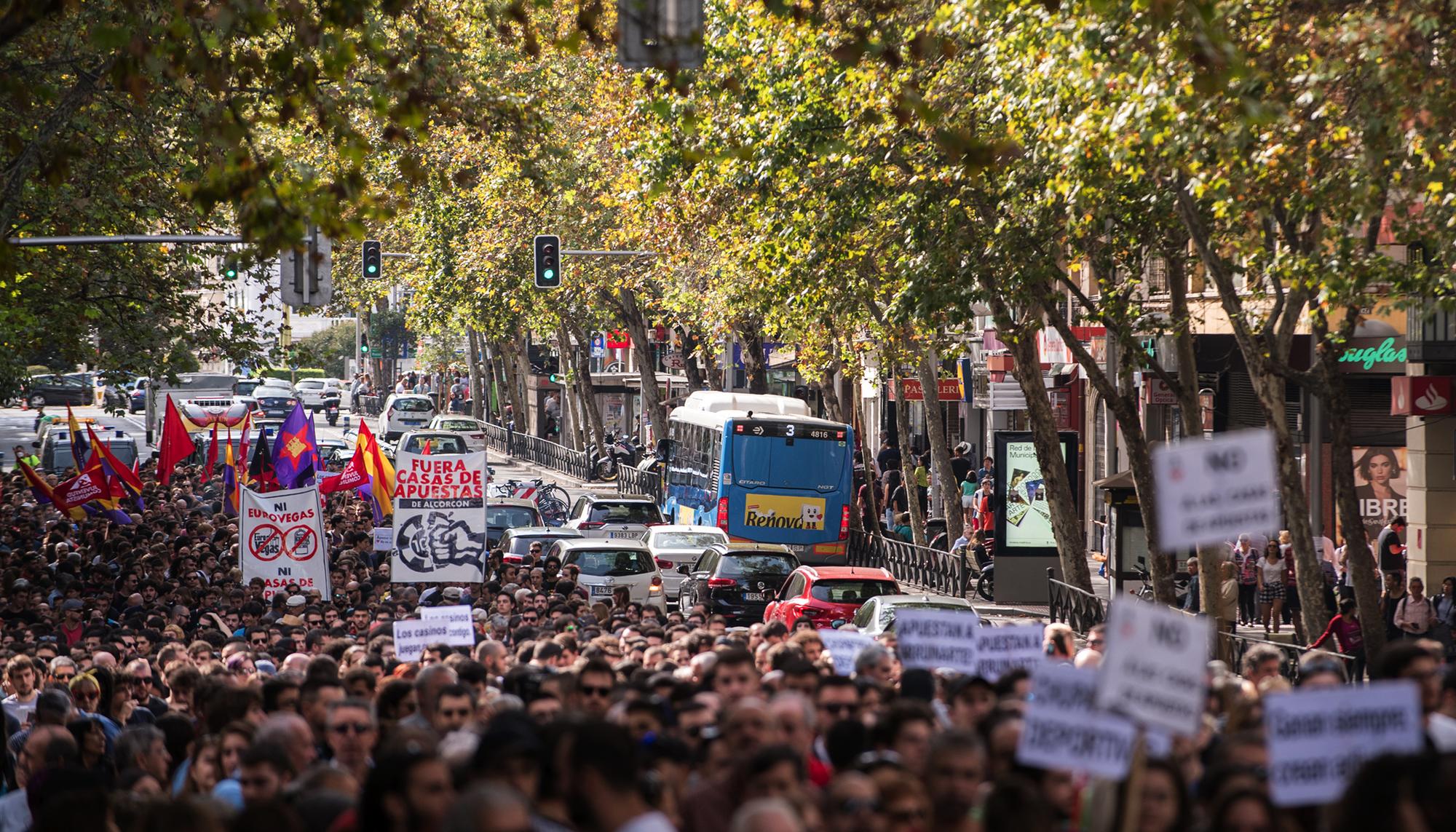 Manifestacion contra las casa de apuestas en el barrio de Tetuan, Madrid.