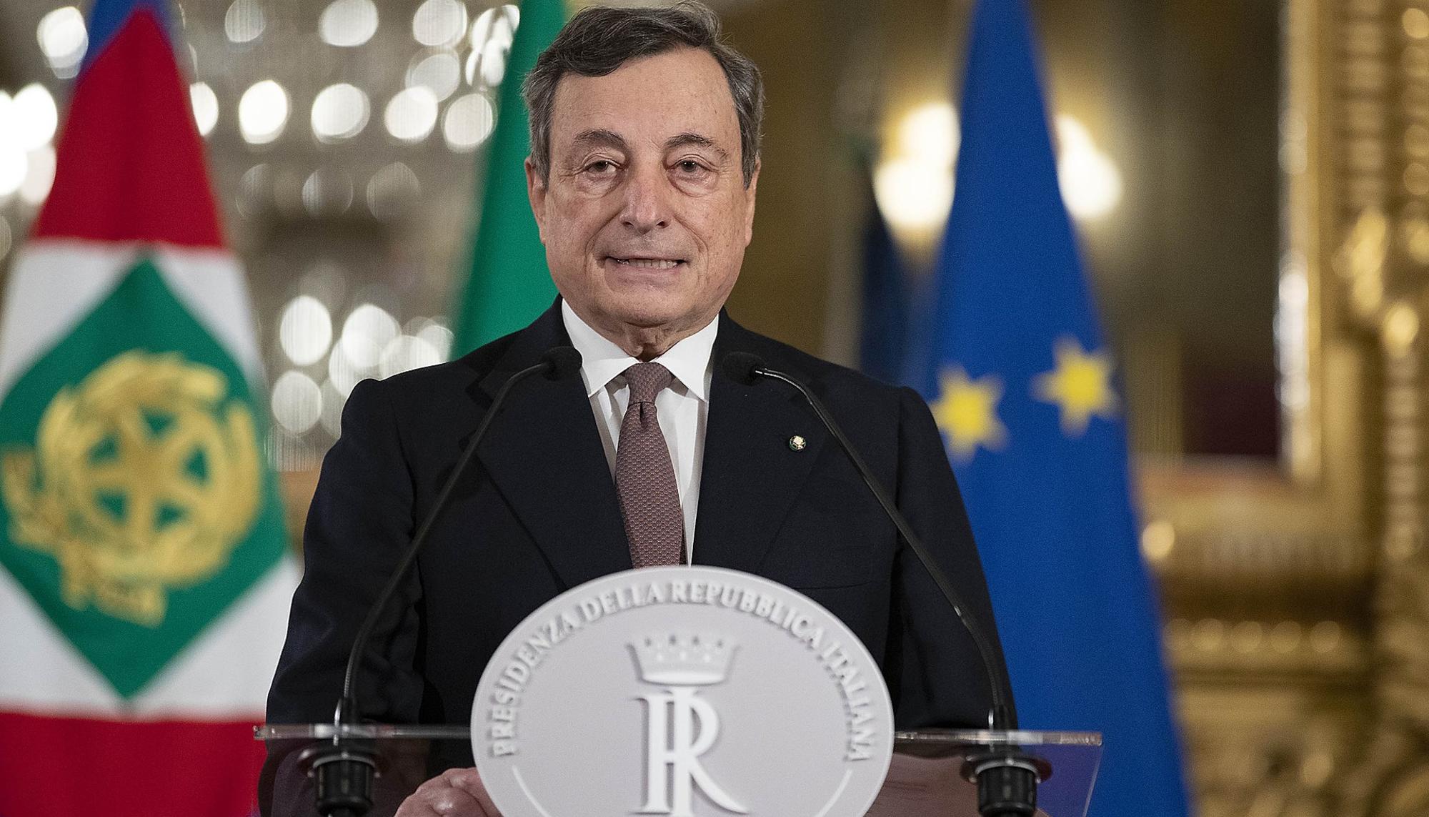 Mario Draghi en una rueda de prensa en el Palacio de Gobierno en febrero de 2021.