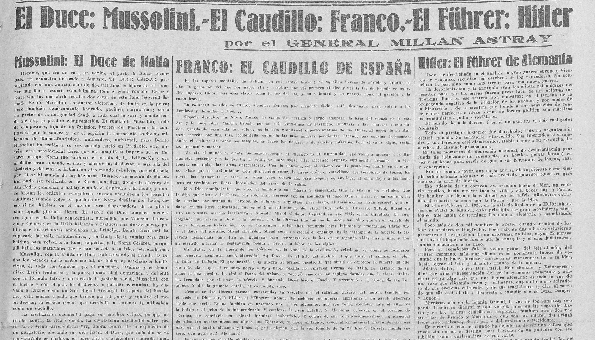 El artículo de Millán Astray en la portada de El Adelanto