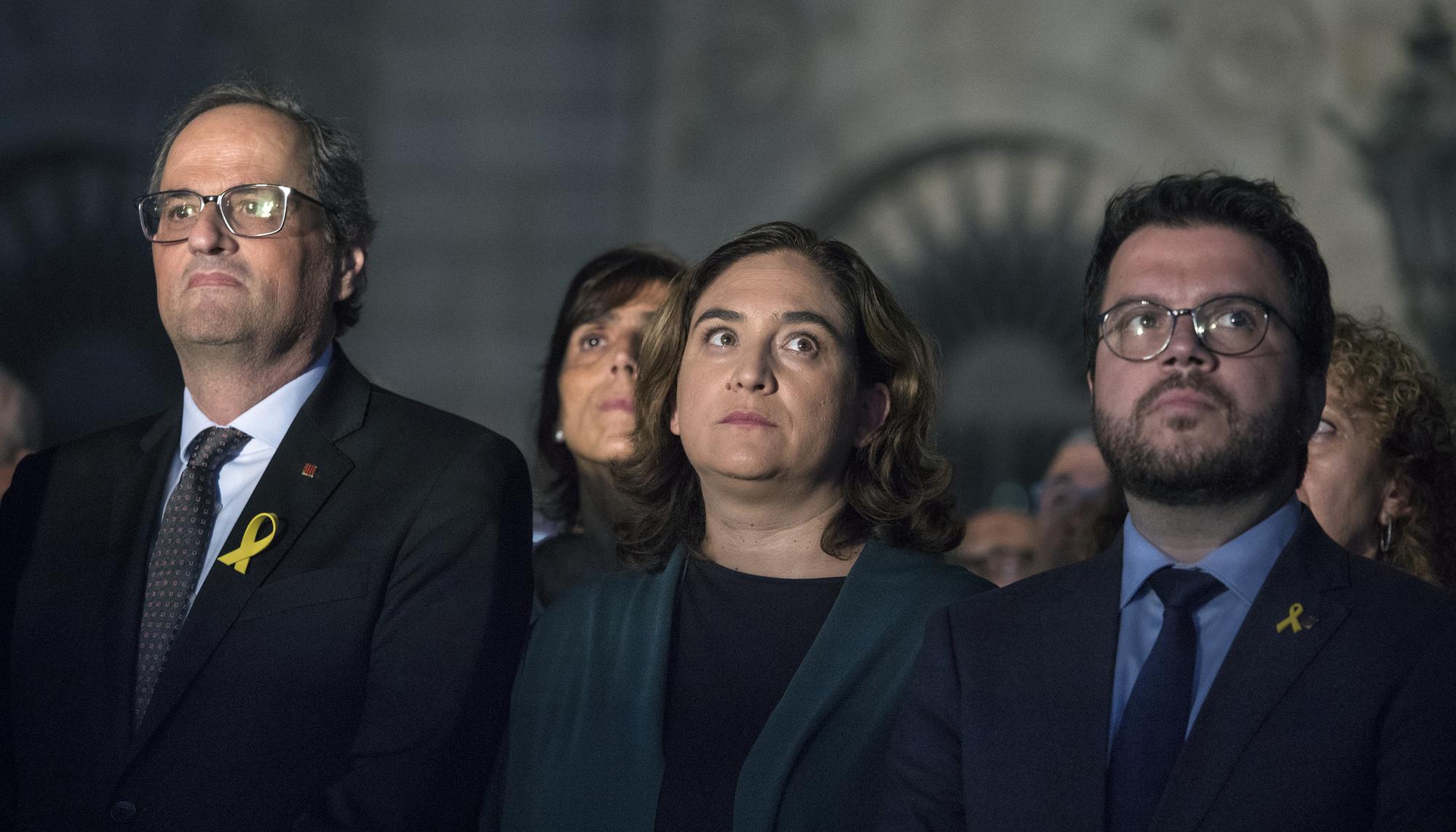 Acto en la víspera de la Diada, con el president de la Generalitat, Quim Torra, la alcaldesa de Barcelona, Ada Colau, y el vicepresidente de la Generalitat, Pere Aragonés
