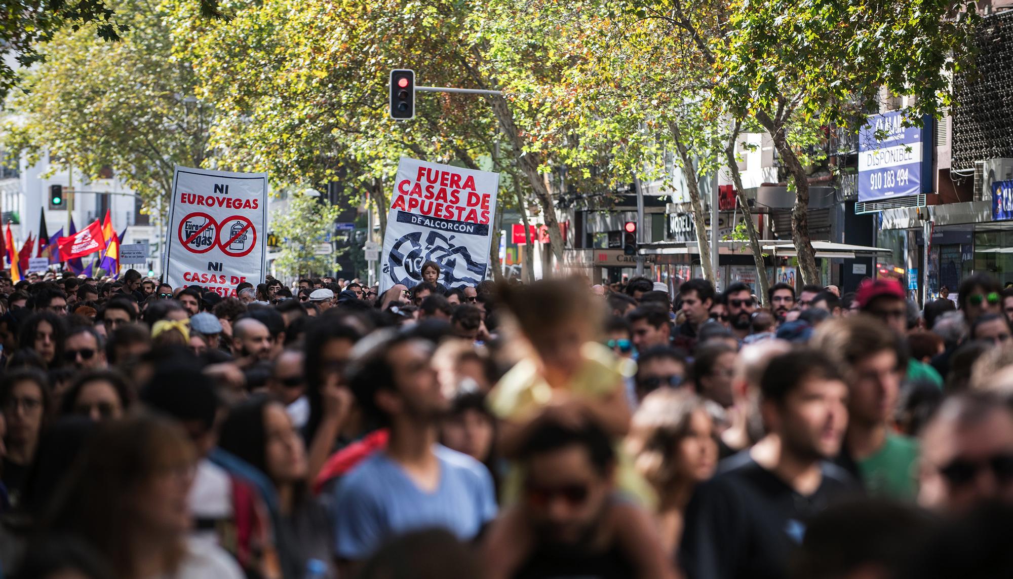 Manifestacion contra las casa de apuestas en el barrio de Tetuan, Madrid.