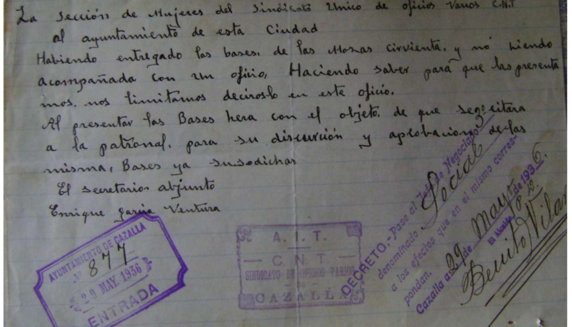 Documento del Sindicato de Empleadas del Servicio Doméstico afecto a la CNT (SESD-CNT)