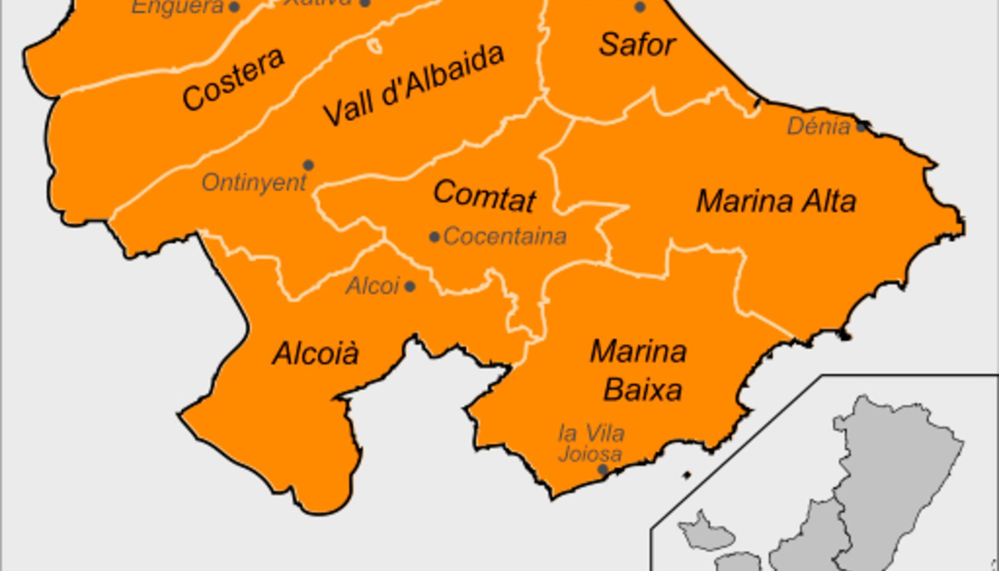Mapa de les Comarques Centrals que administrativament abasta el territori de Diània