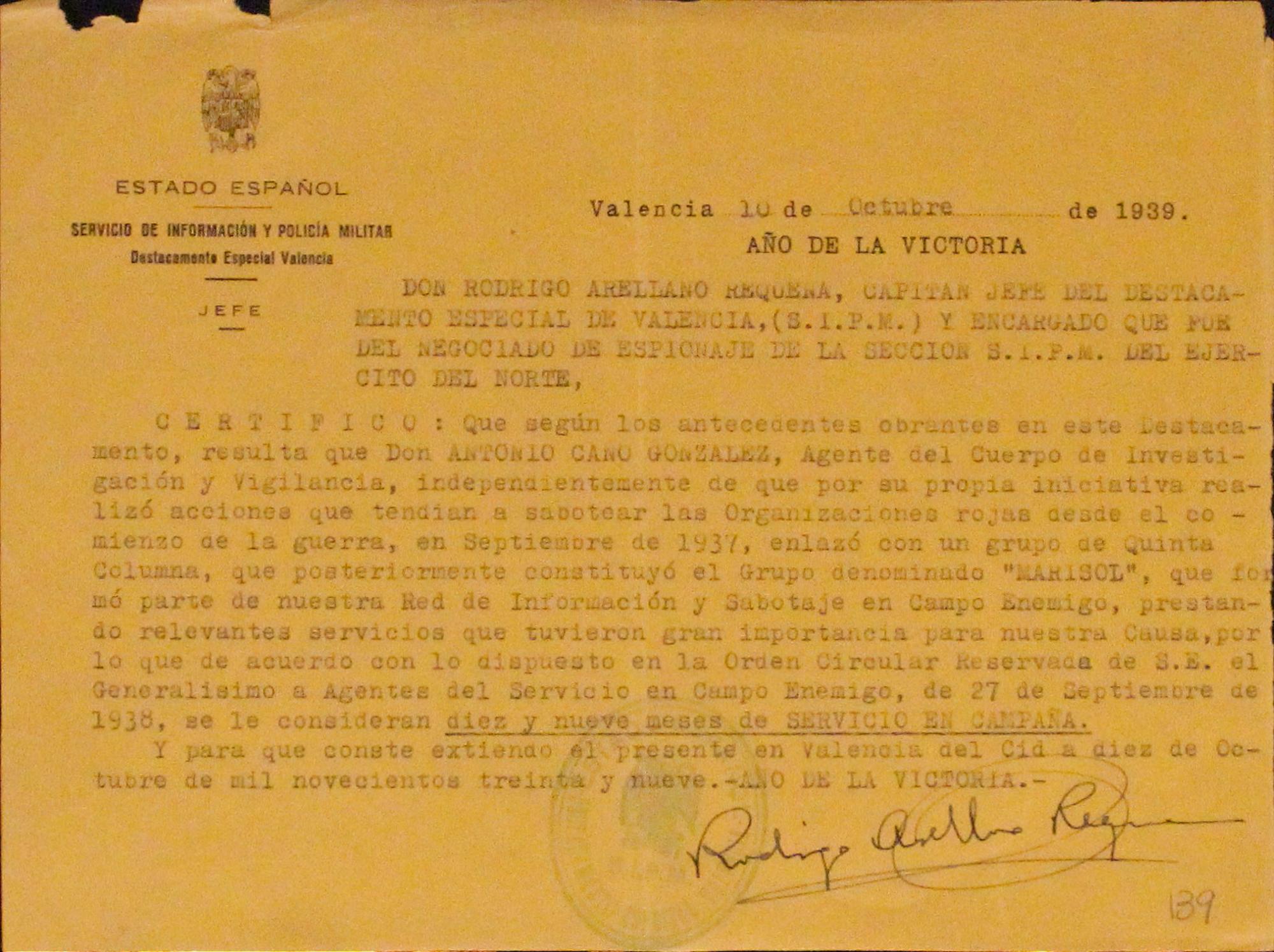 Informe del Servicio de Información y Policía Militar sobre Antonio Cano