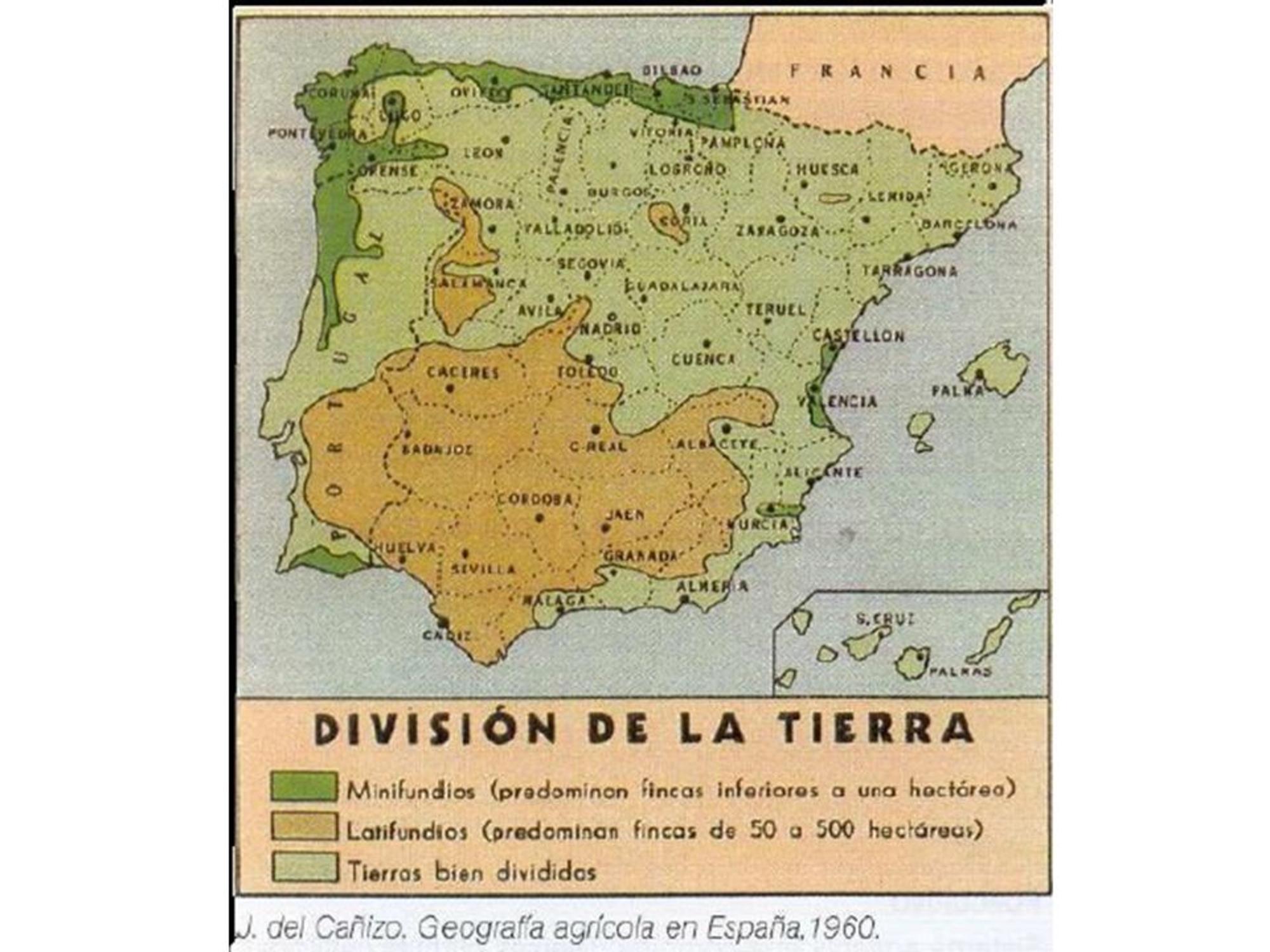 División de la Tierra. Mapa de los latifundios, minifundios y tierras bien divididas en España
