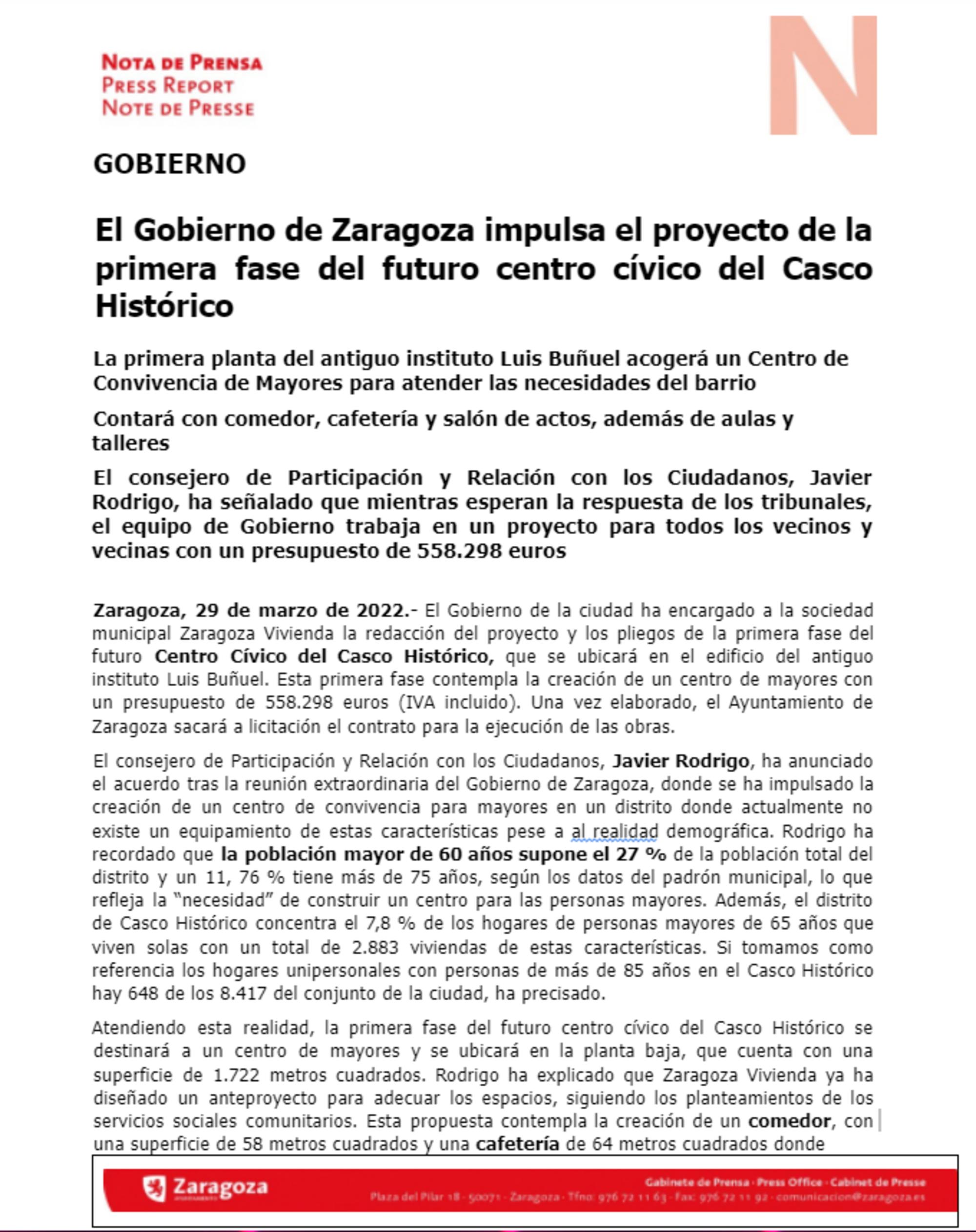 Capturas de pantalla de la nota de prensa del Ayuntamiento de Zaragoza.