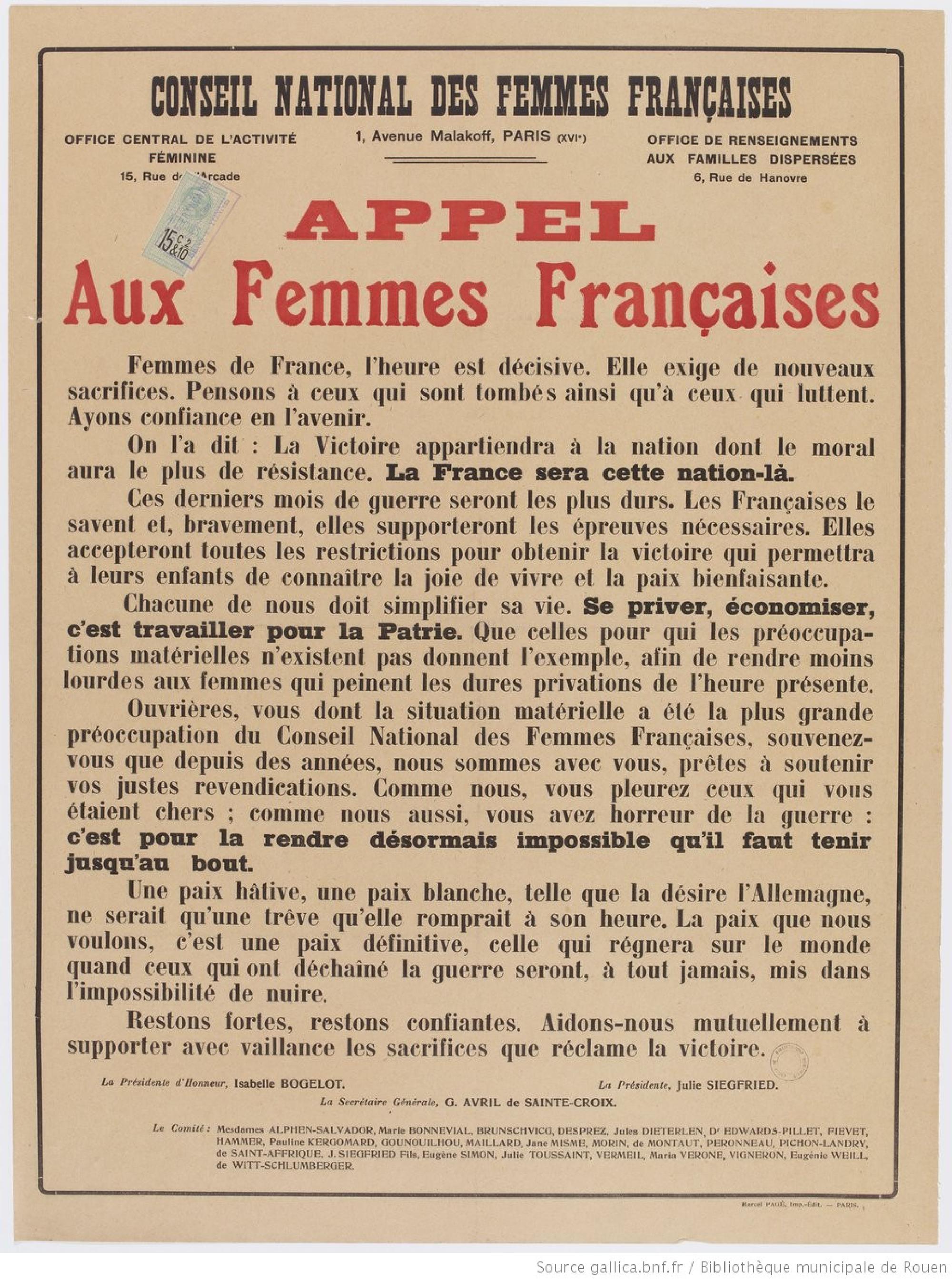 Appel, Aux Femmes Françaises. Avril de Sainte-Croix, Eugene. 1918
