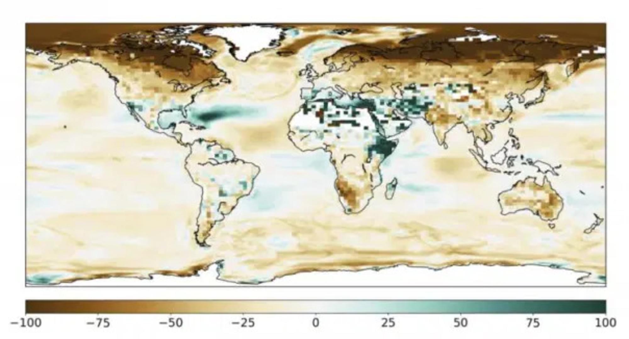 Cambios en los ecosistemas globales tras dos años de guerra nuclear entre India y Pakistán. Las zonas en marrón sufrirían declives de crecimiento vegetal, mientras que en las de verde se aceleraría.