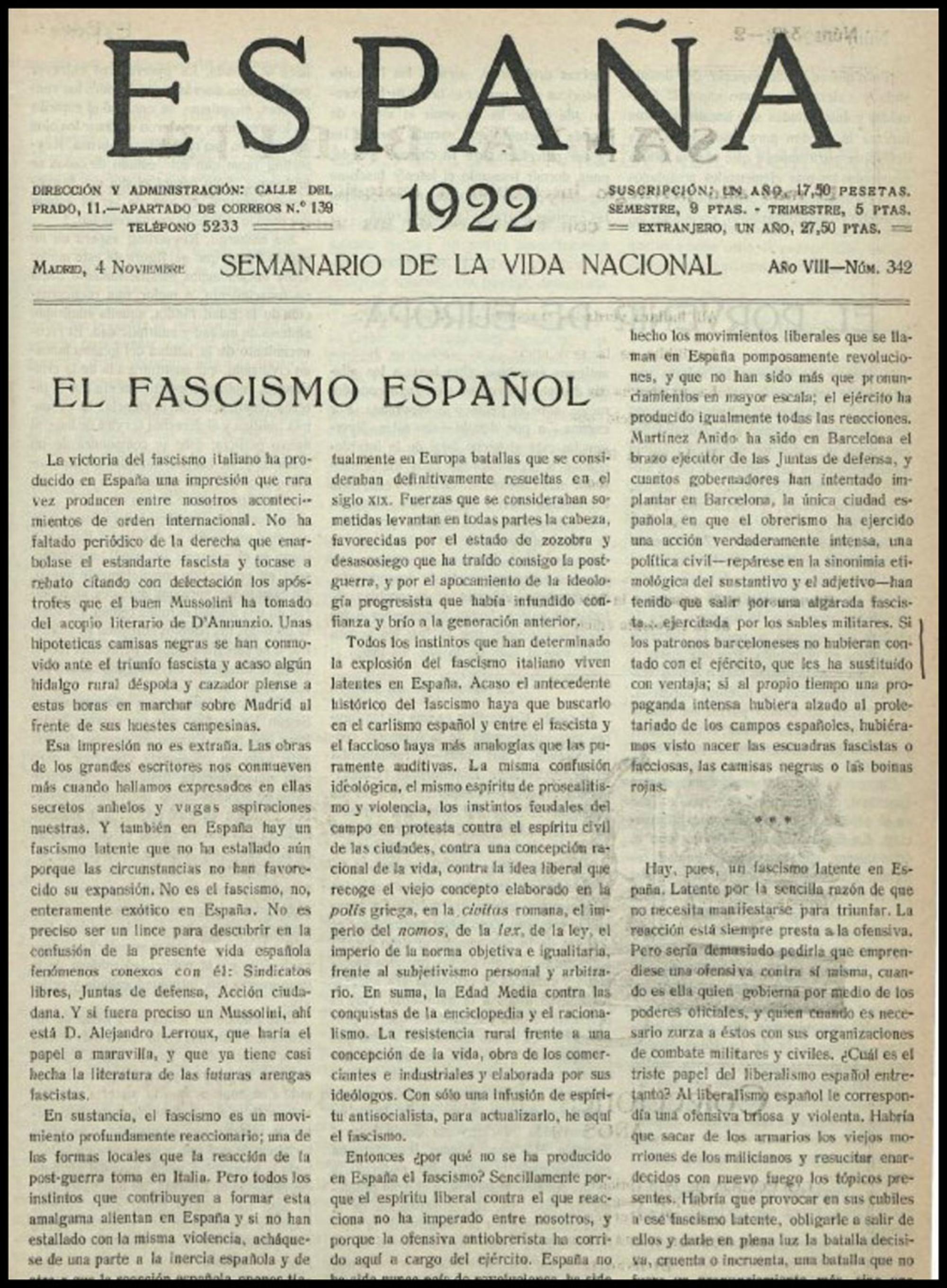 El editorial "El fascismo español" publicado por el semanario "España" el 4 de noviembre de 1922.