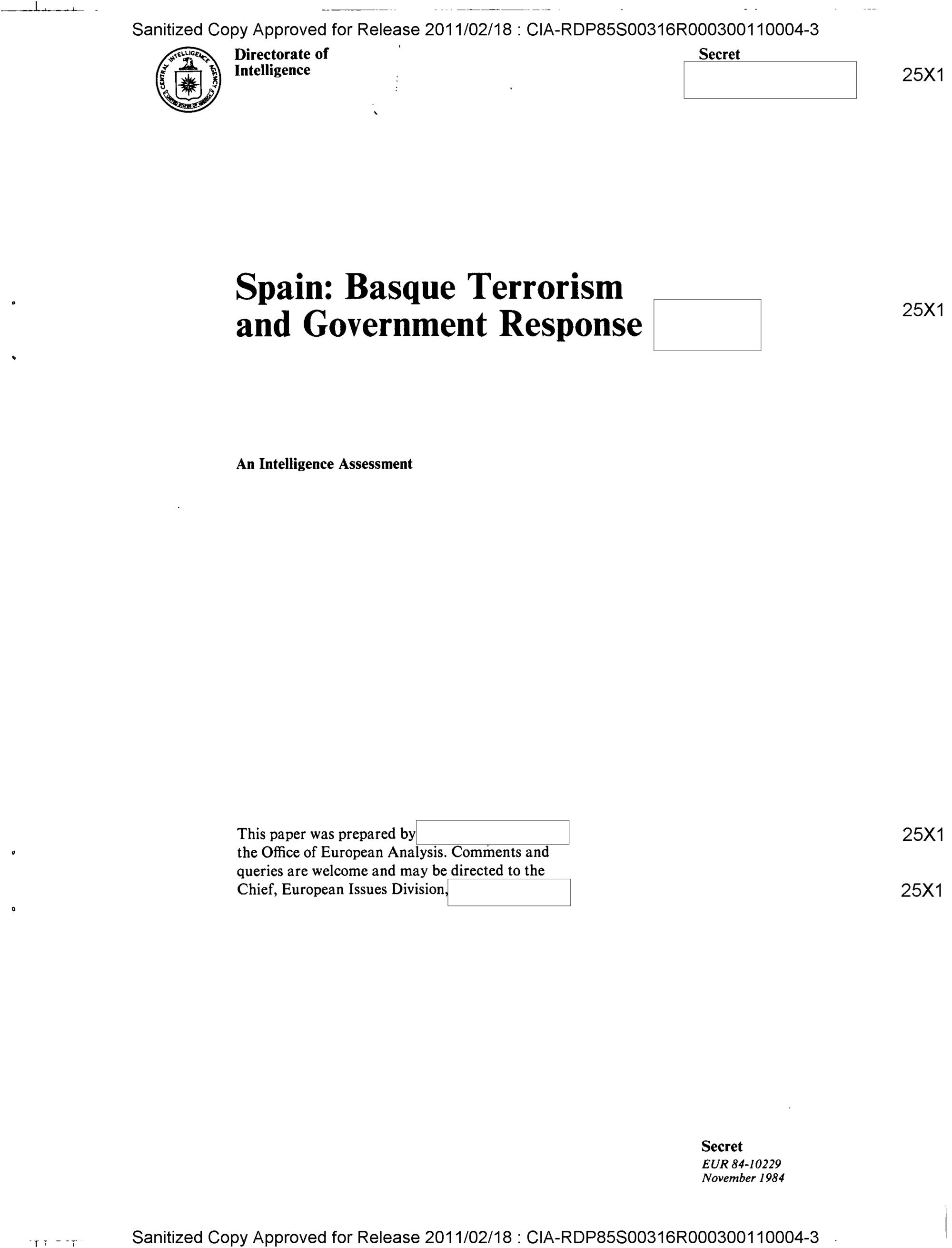 Portada del informe ‘España: terrorismo vasco y respuesta del Gobierno’ que la Oficina de Análisis Europea de la CIA redactó en 1984
