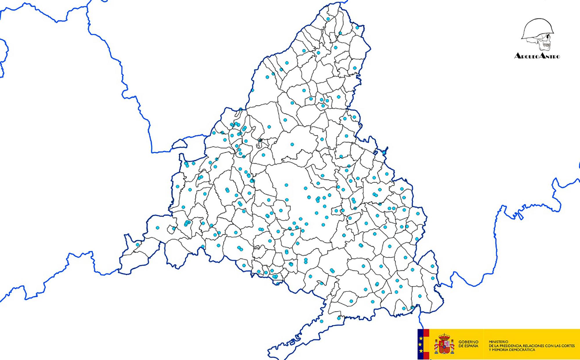 Mapa de fosas del franquismo elaborado por ArqueoAntro.