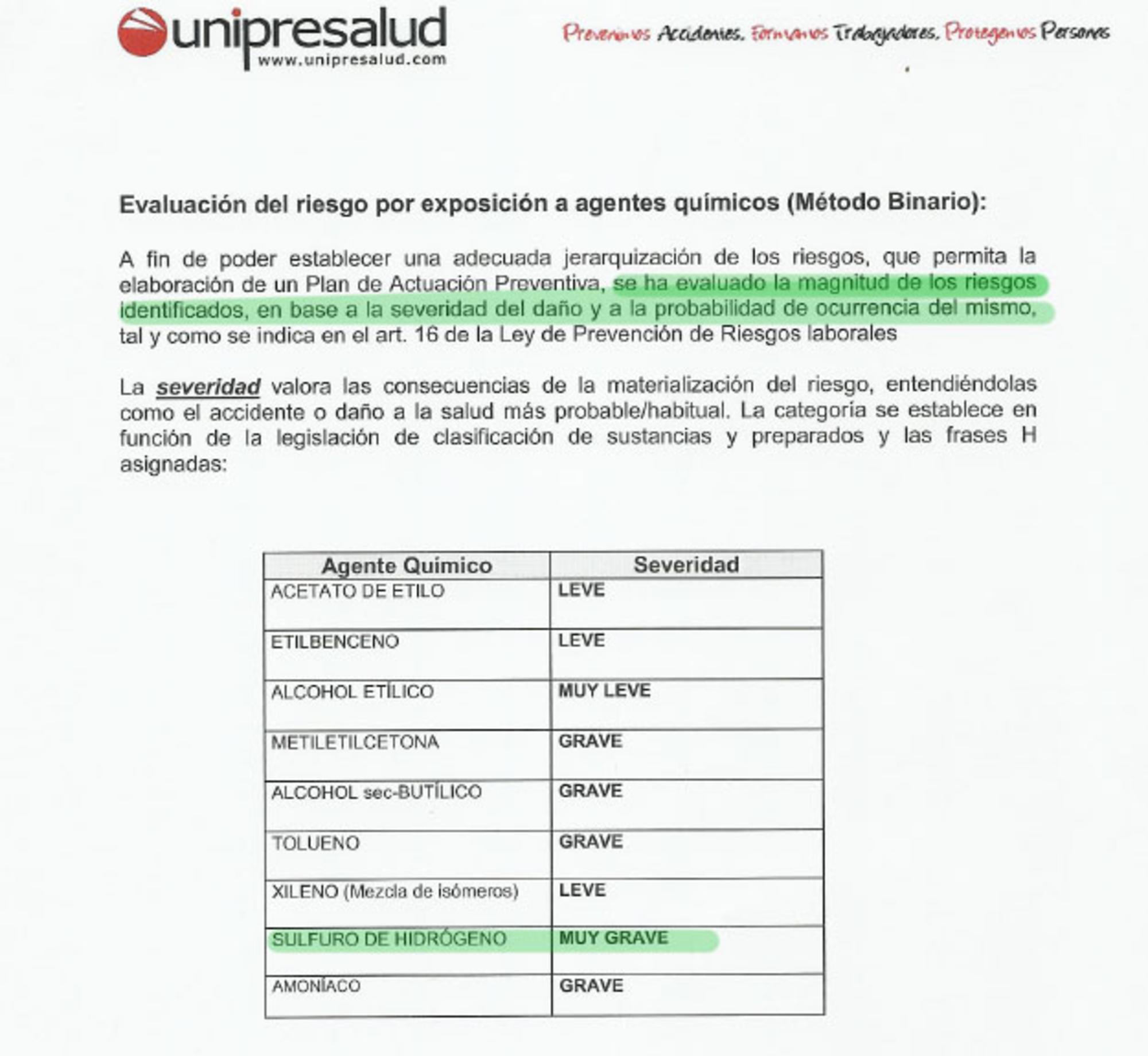 Evaluación de riesgo por exposición a químicos de la planta de las Dehesas de septiembre de 2014.