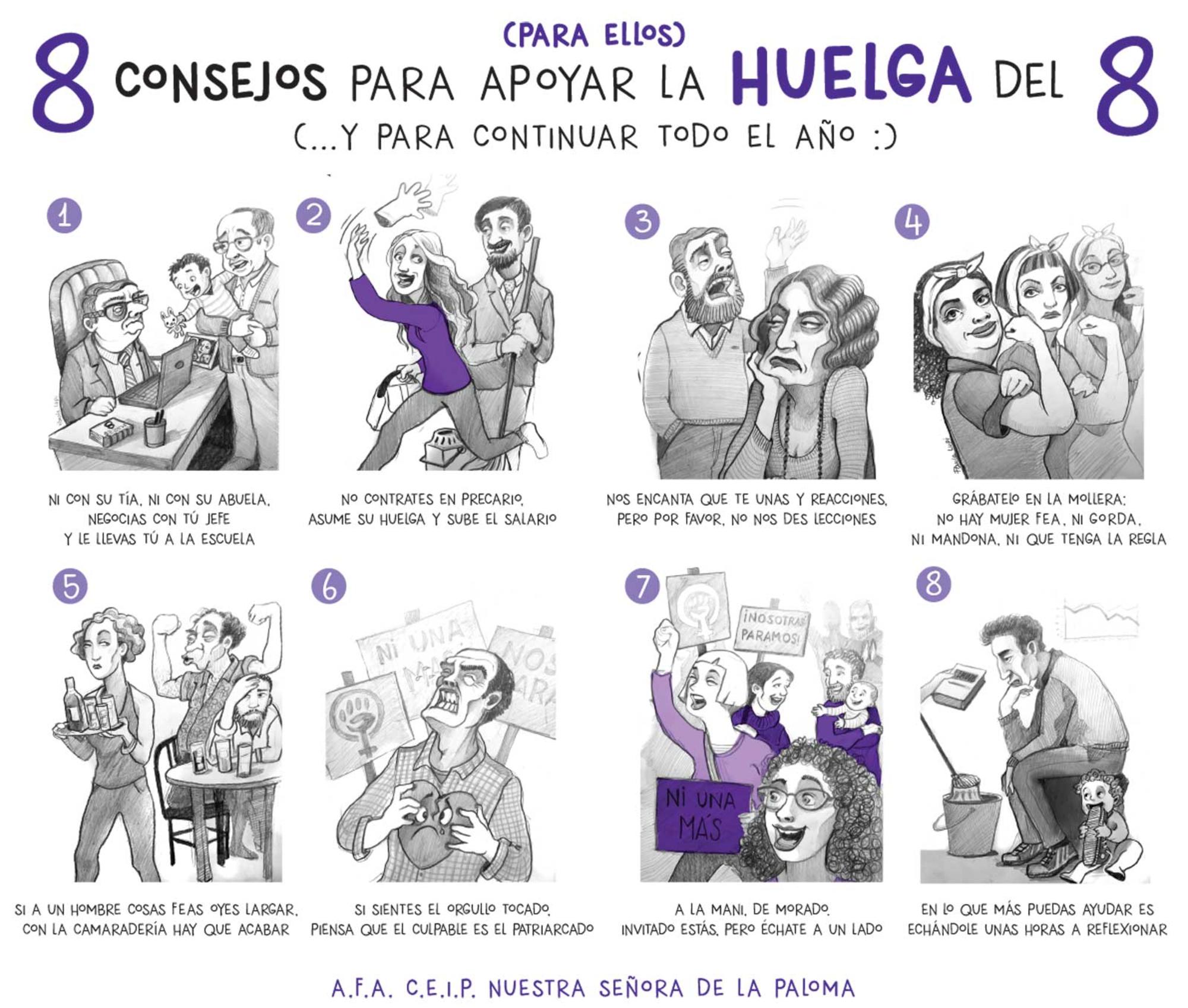 Cartel 8M Huelga Feminista Paula Lupiáñez y Rita. Ocho consejos.