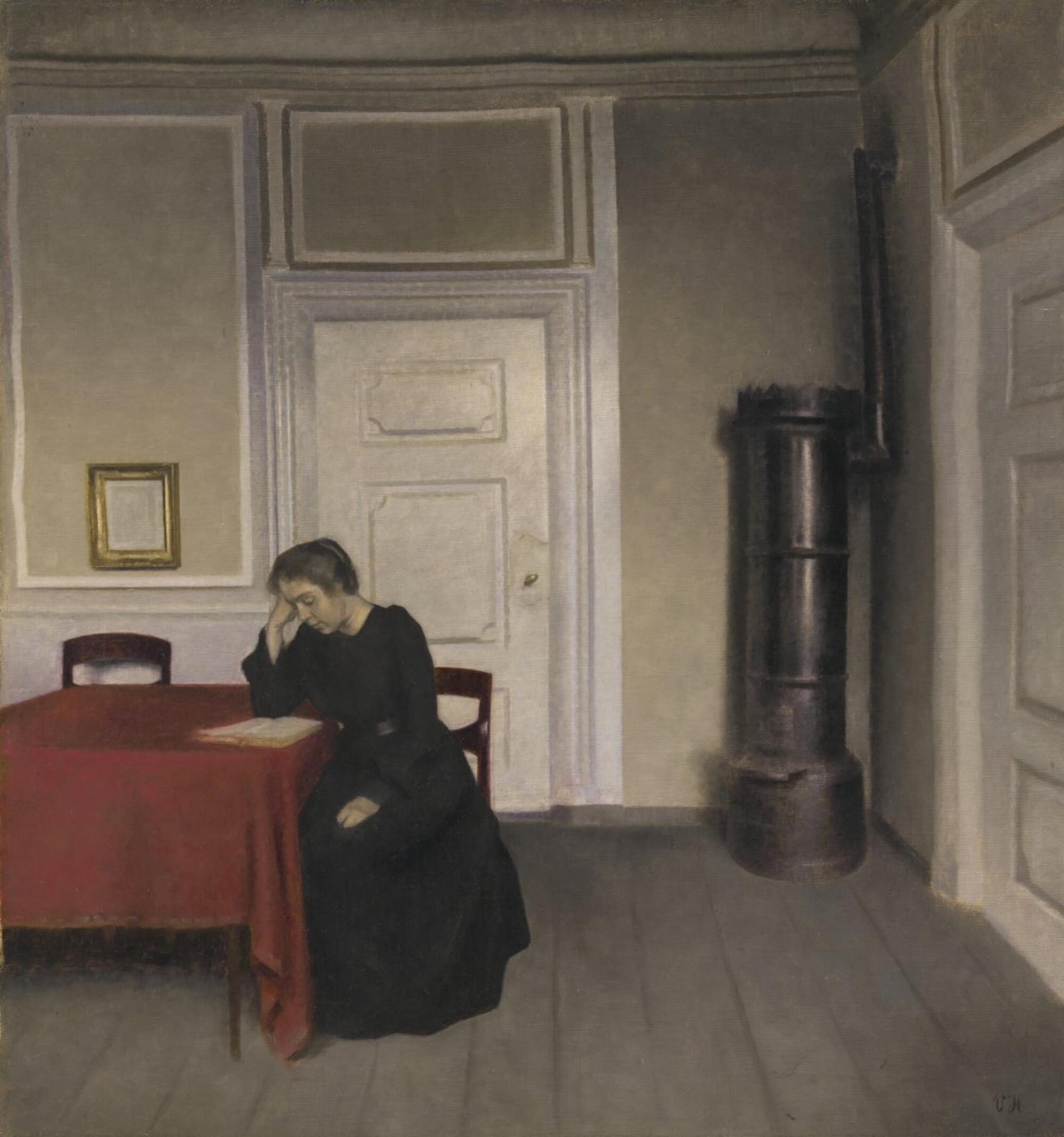 Una habitación en la casa de Vilhelm Hammershøi en Strandgade, Copenhague, con la mujer del artista, 1902