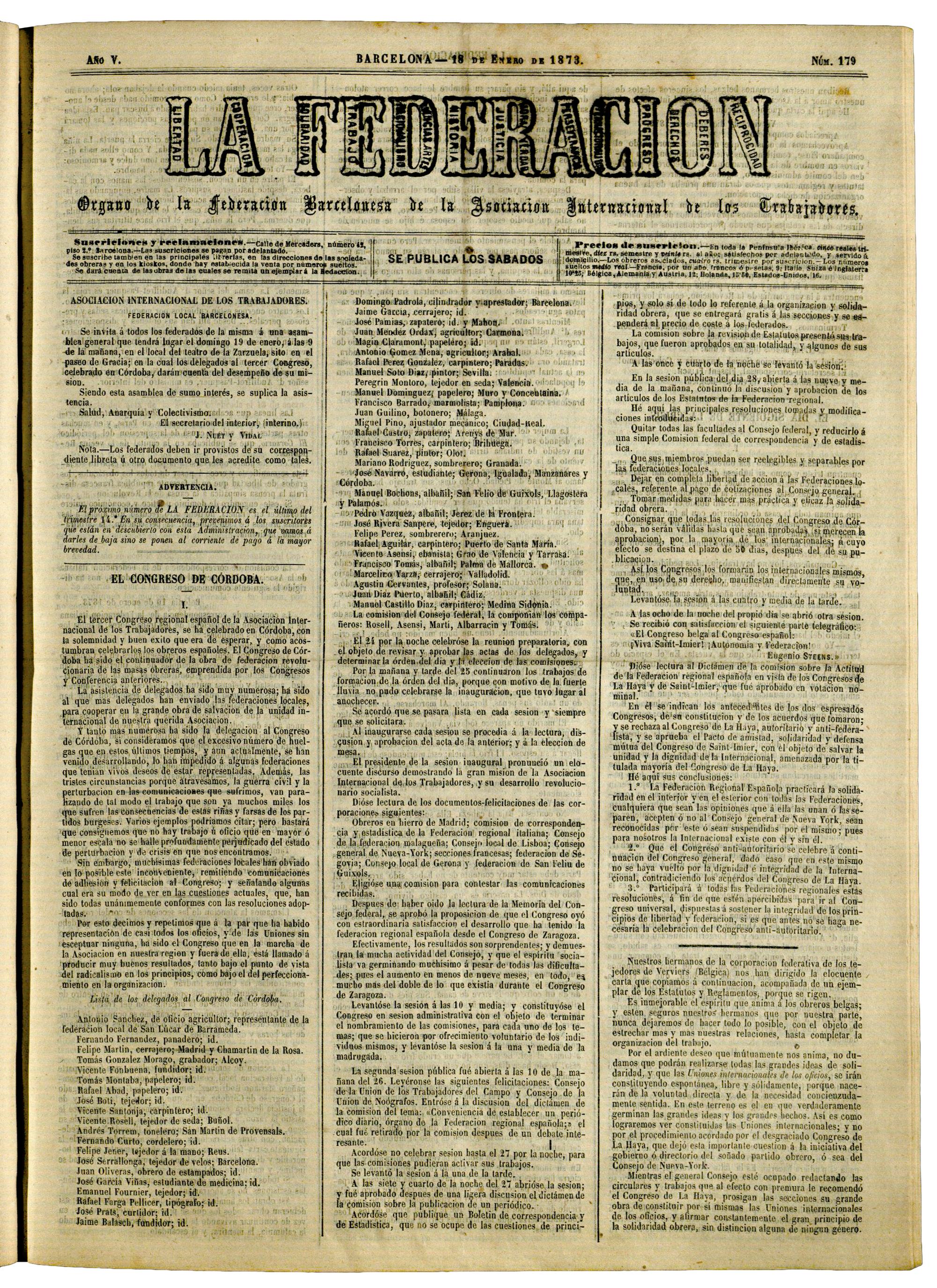 periódico la federación órgano de la ait en barcelona vertical