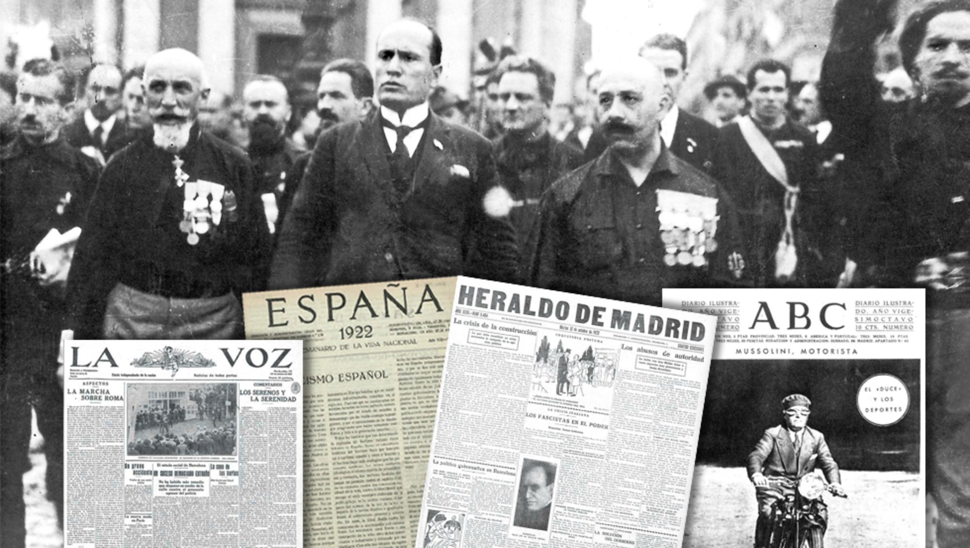 Mussolini (en el centro, con corbata) encabezando "La marcha sobre Roma", el 28 de octubre de 1922, con algunas de las páginas de los periódicos españoles que informaban del acontecimiento.