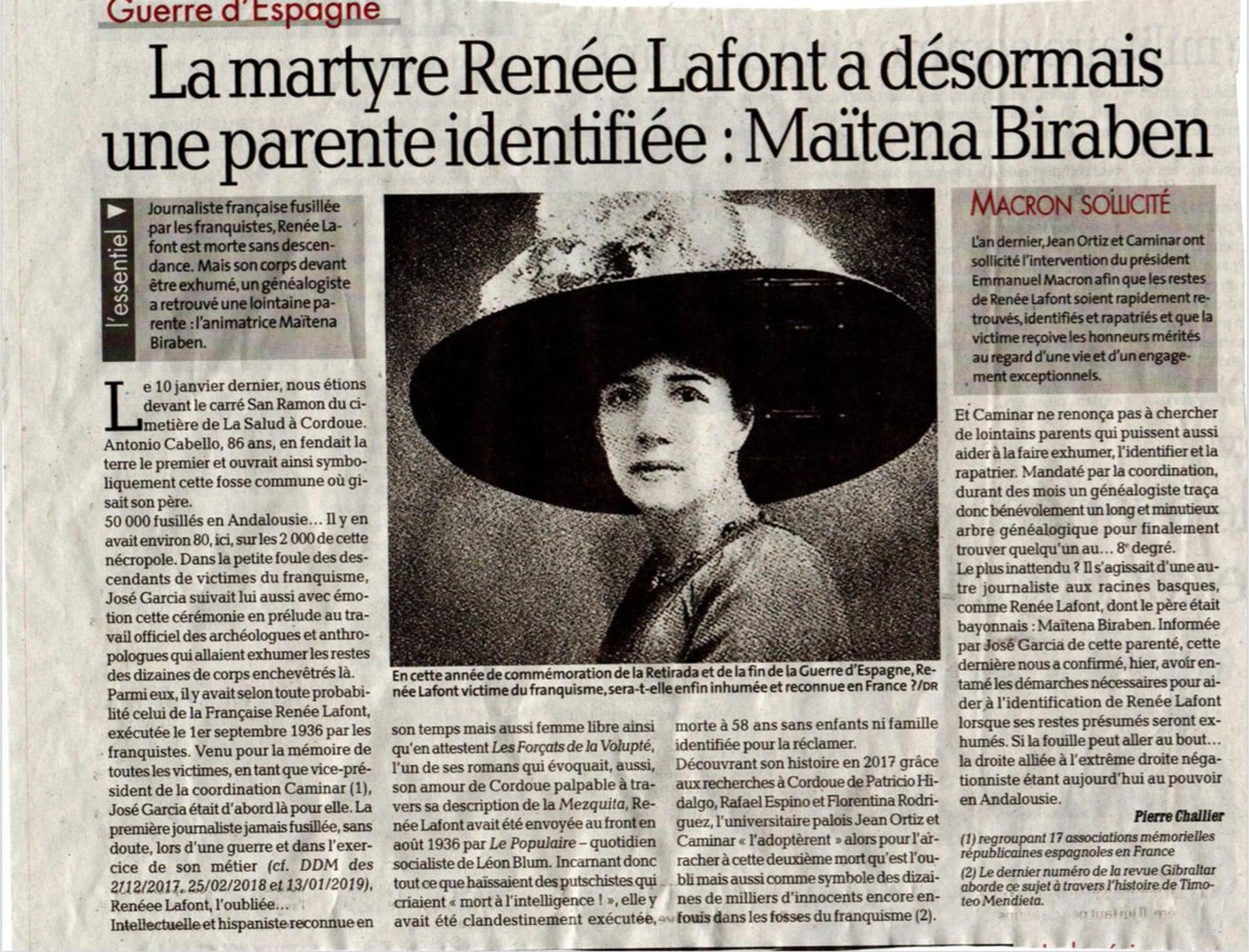 Noticia de la identificación de una pariente de Lafont