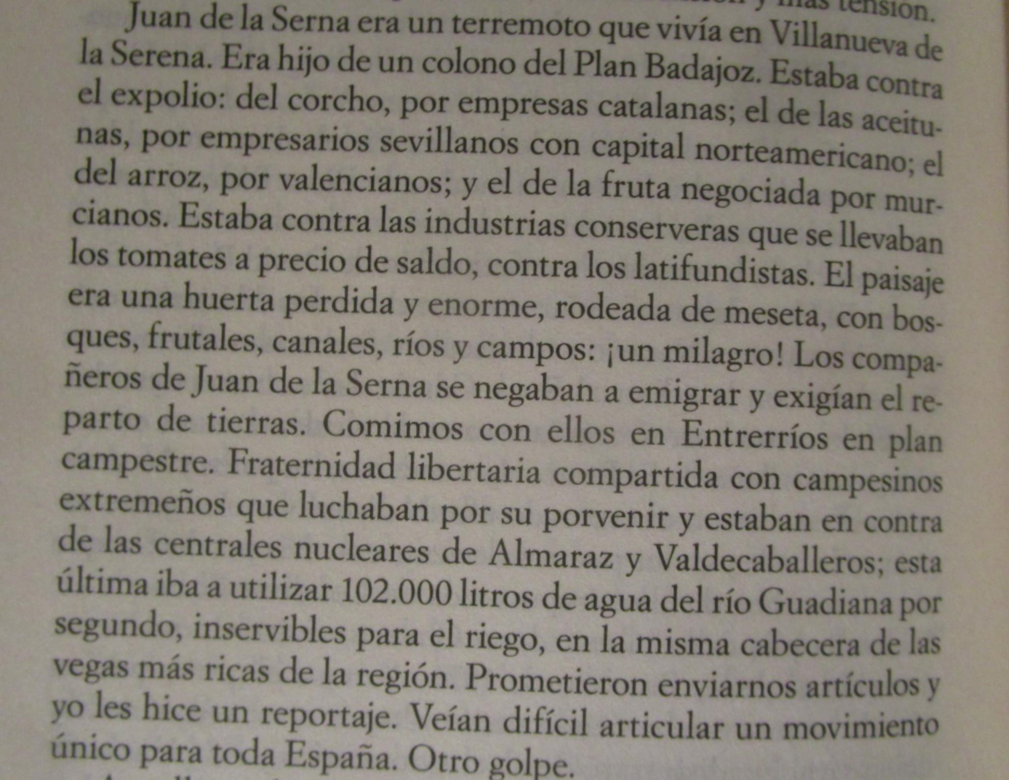 Extracto sobre Juan Serna, el plan Badajoz y el expolio extremeño. 