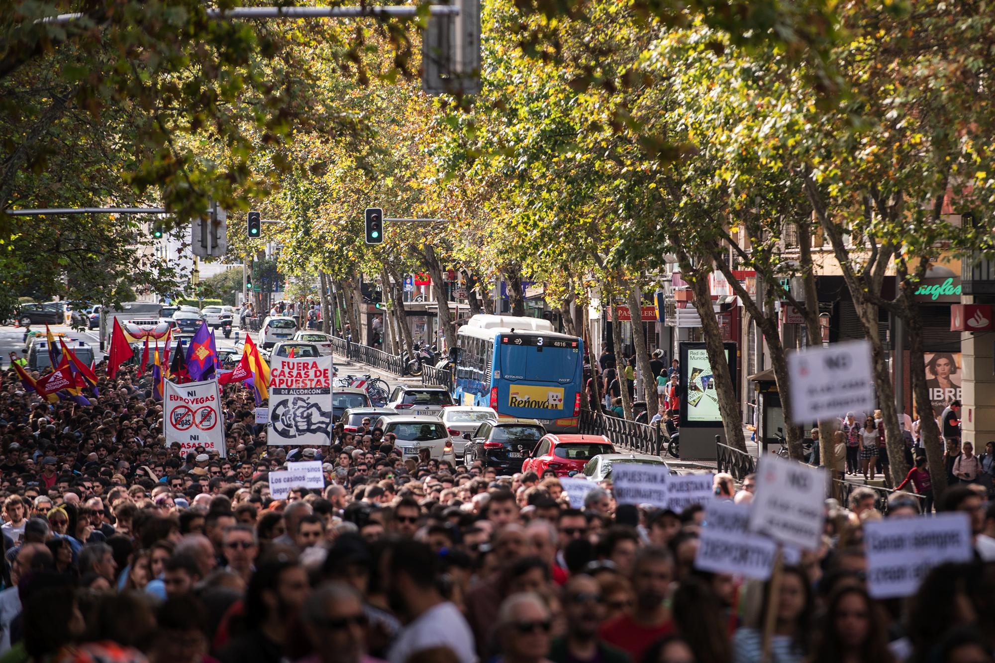 Manifestacion contra las casa de apuestas en el barrio de Tetuan, Madrid.