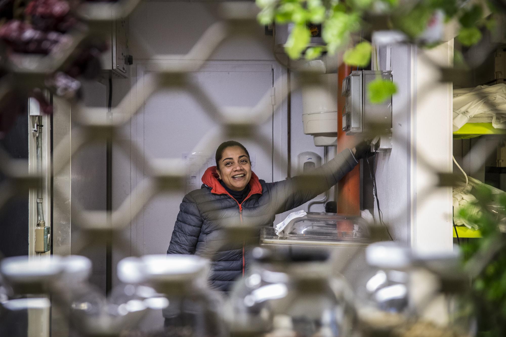 Emilia de Souza cierra su puesto de Frutas y Verduras Eli en el mercado de Pamplona.