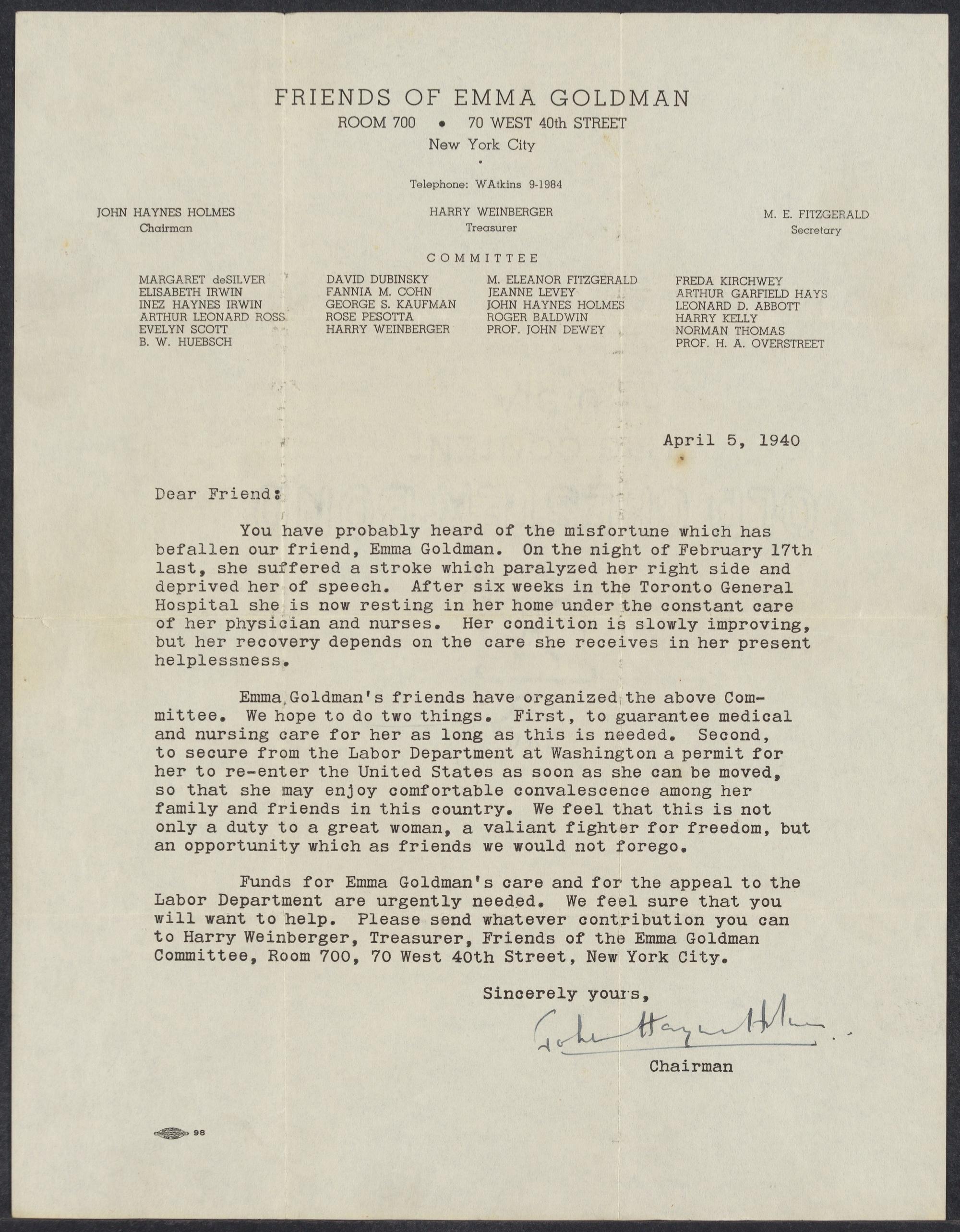 Carta del Comité de Amigos de Emma Goldman