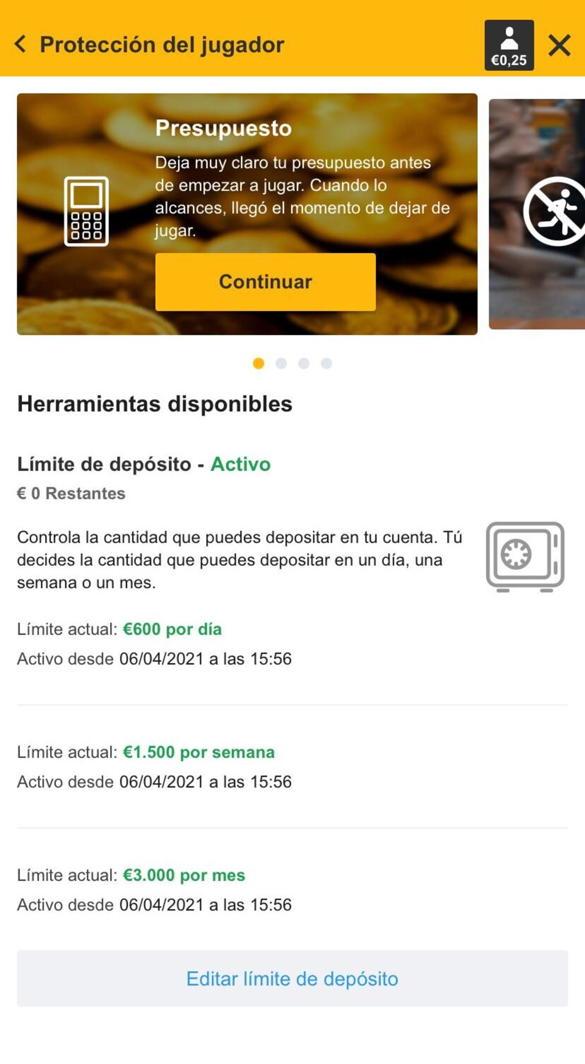 Límites de depósito de la cuenta real de Juan Rodríguez