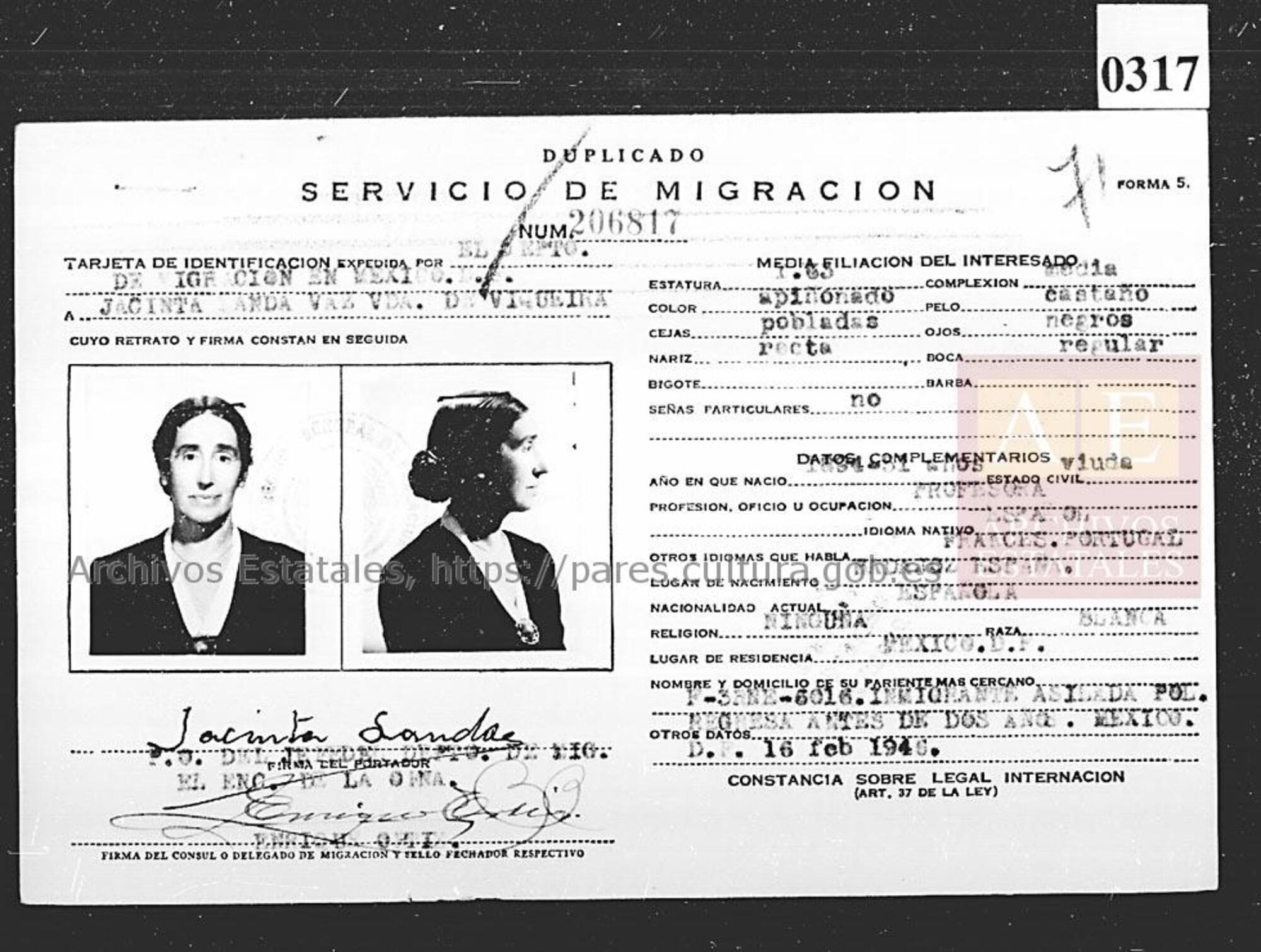 Jacinta Landa Vaz, ficha exilio
