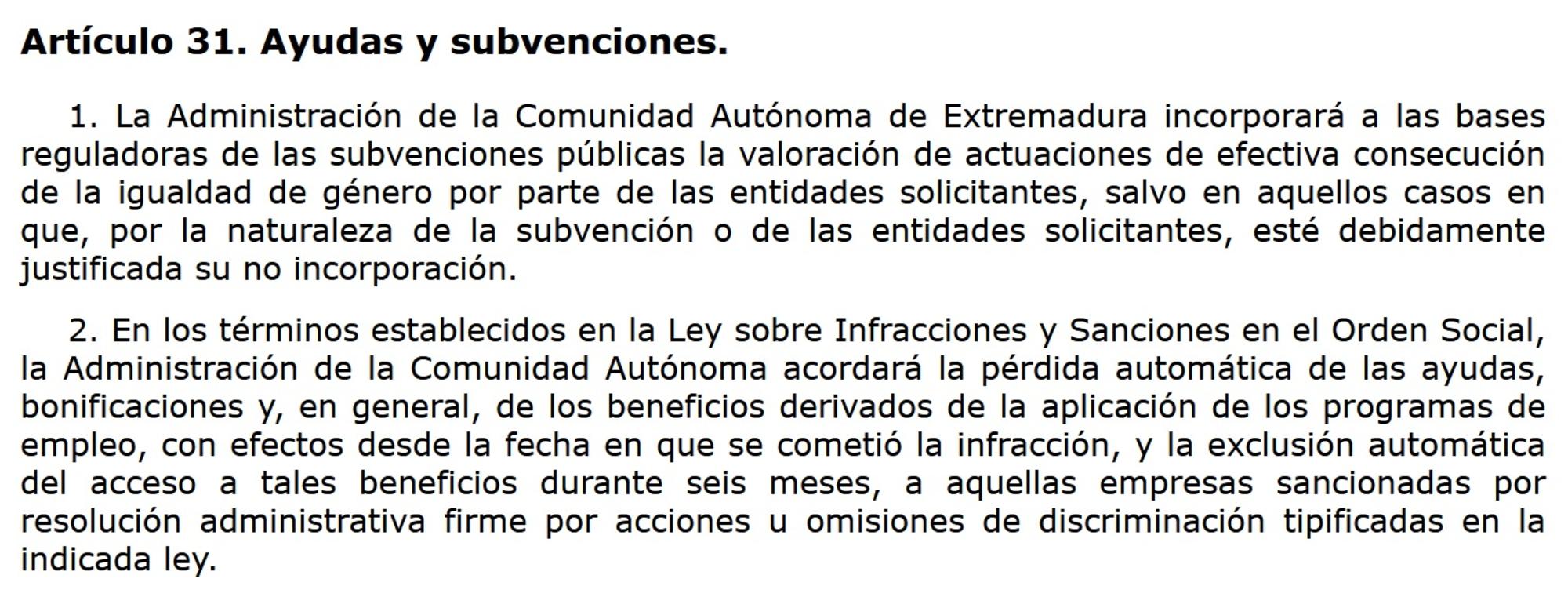 Artículo 31 Ley 8/2011 Igualdad Extremadura