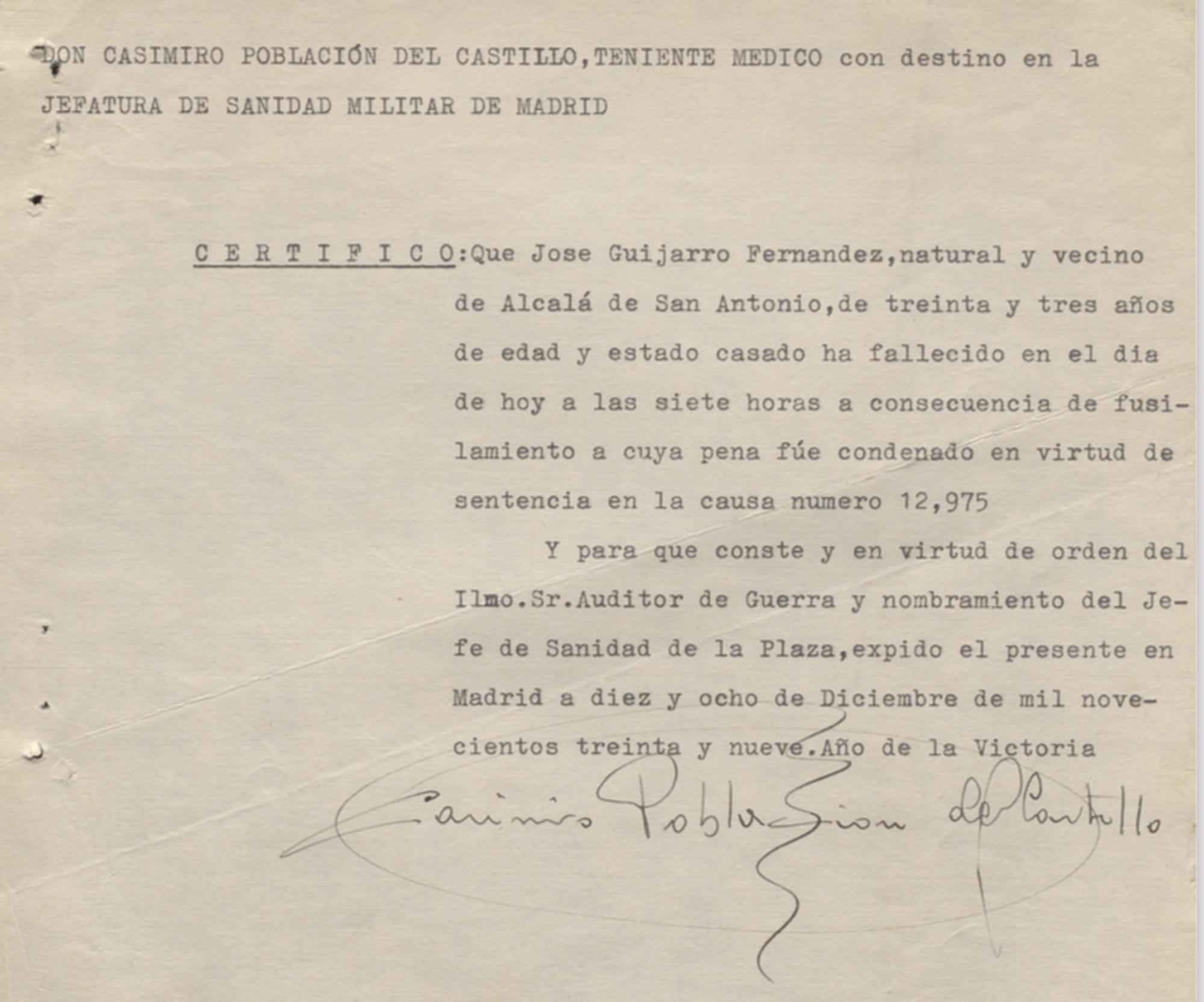 Certificado de muerte por ejecución de José Guijarro Fernández