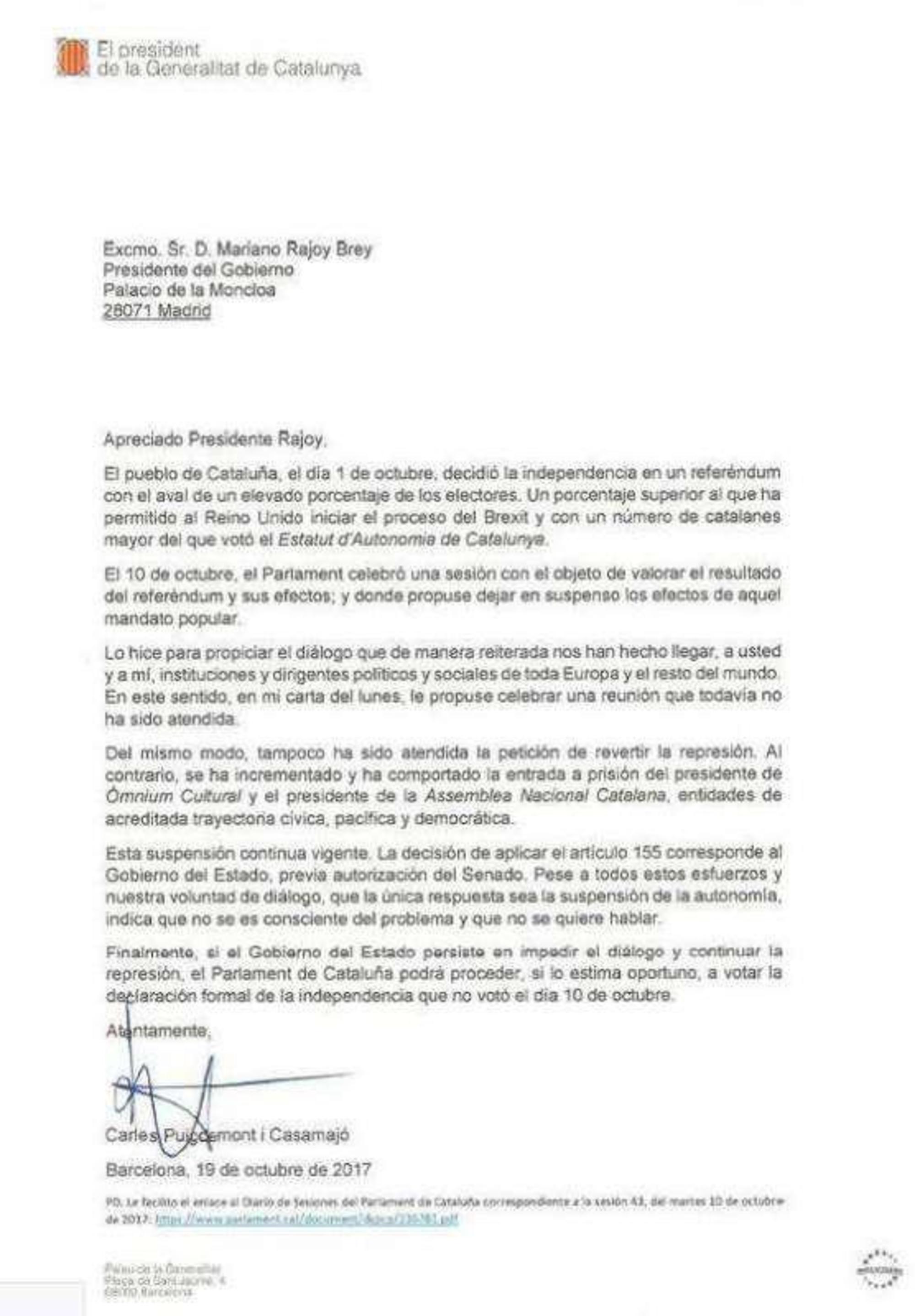 Carta Puigdemont Segundo Plazo