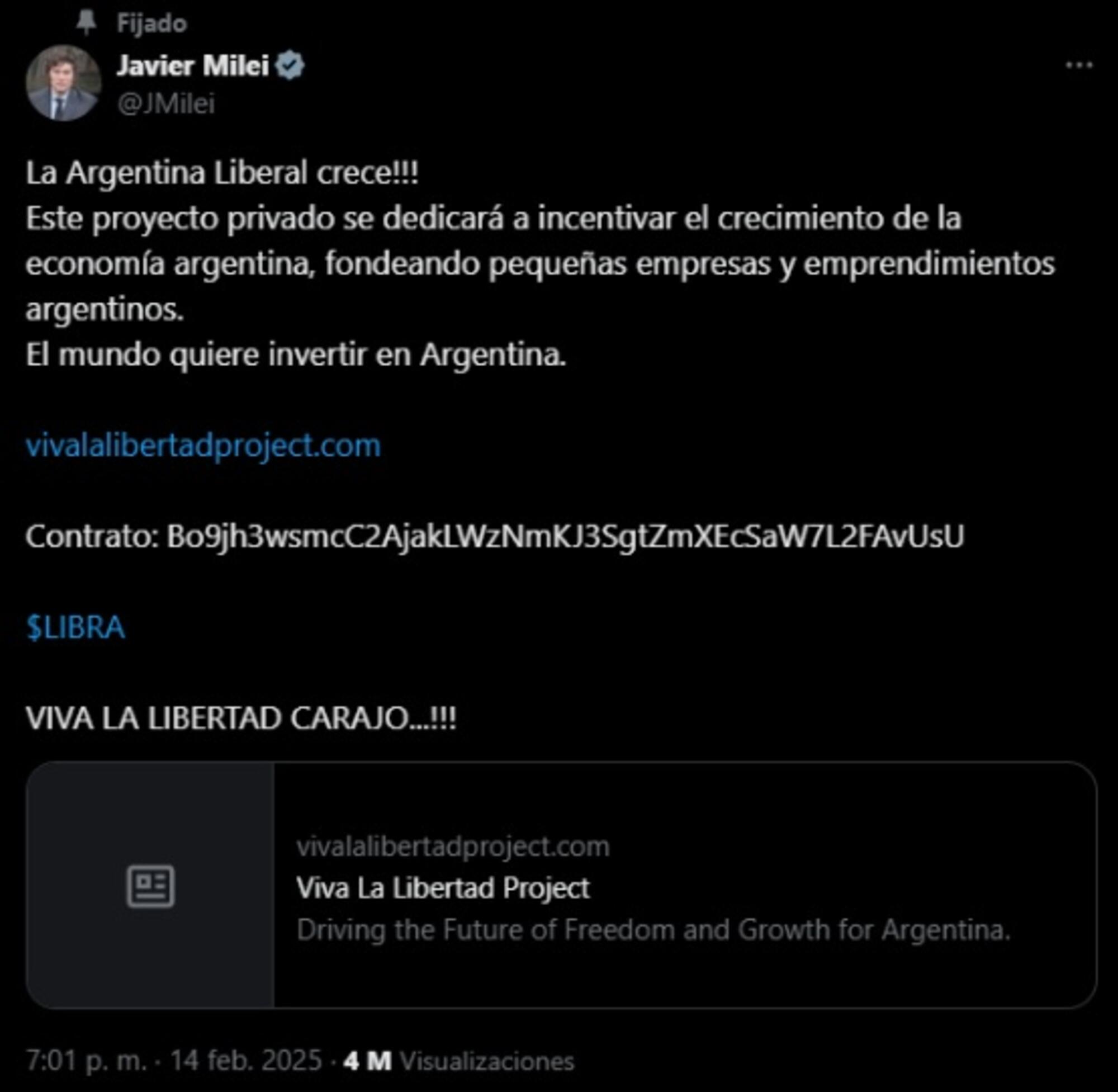 Os tweets controversos de Javier Milei, que ele apagou depois que o golpe das criptomoedas já havia sido perpetrado.