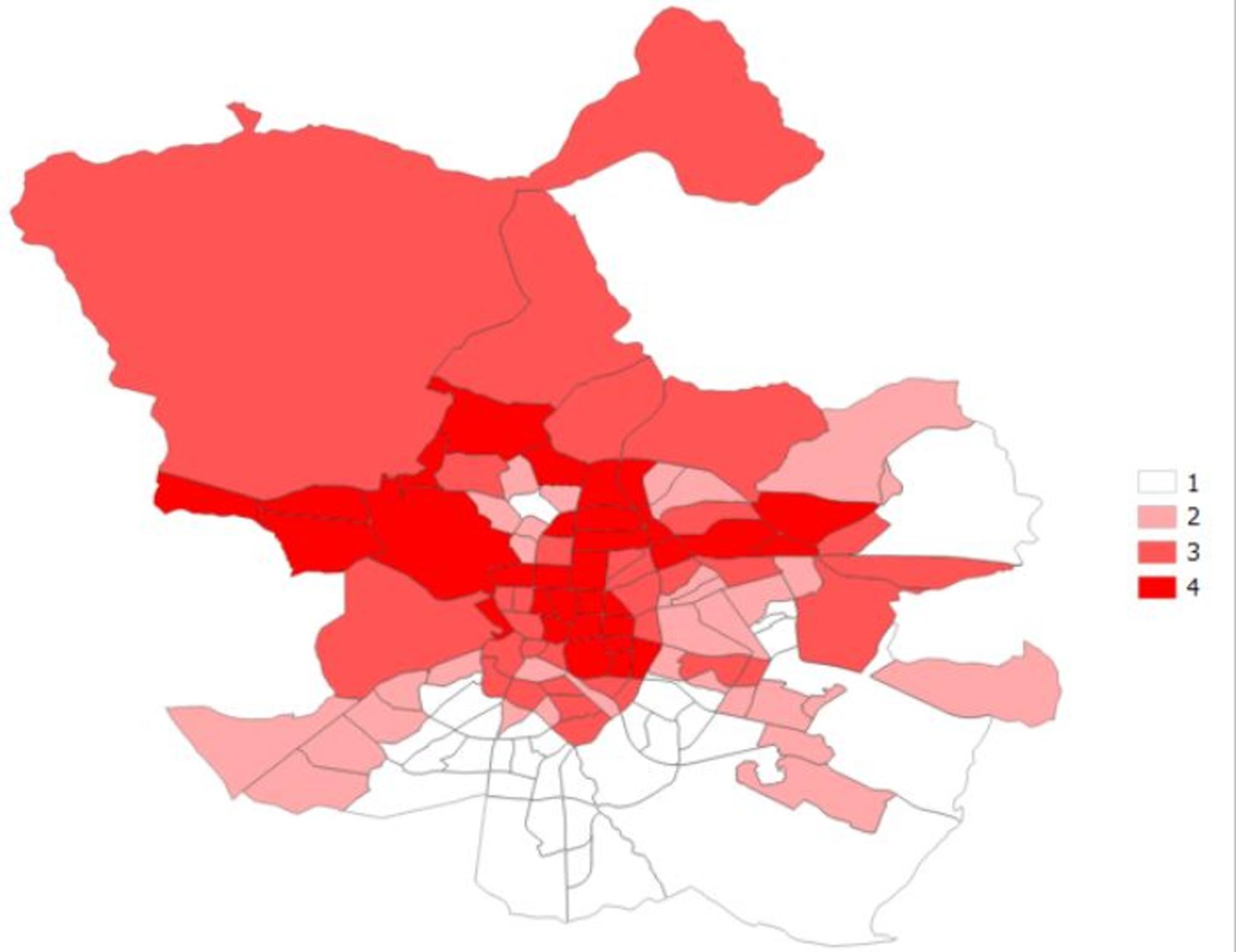 Barrios de la ciudad de Madrid clasificados en función de su renta bruta por hogar (2018)