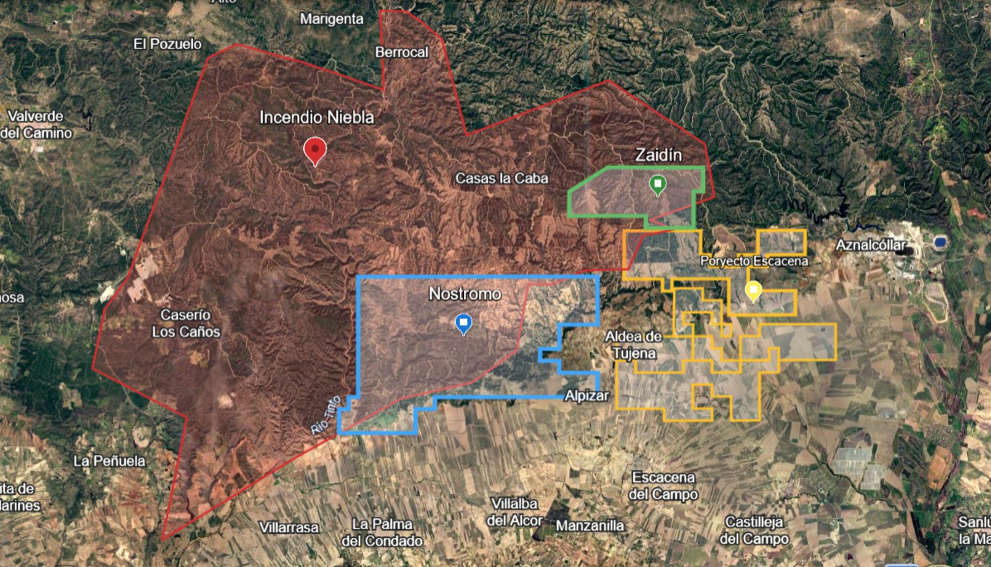 Mapa incendio y proyectos mineros