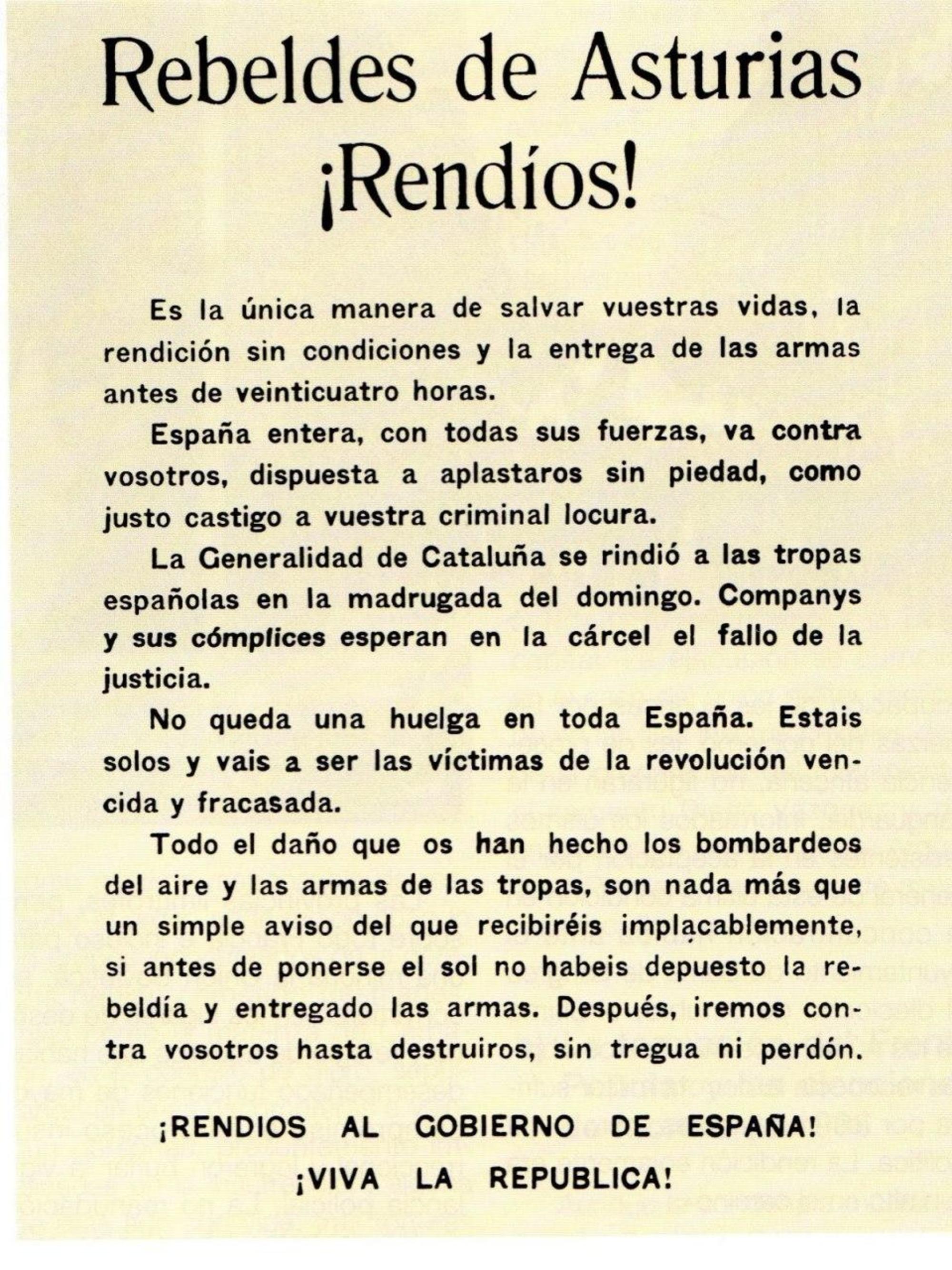 Octavilla arrojada por la aviación republicana sobre Asturies en la represión de la revolución de Octubre de 1934.