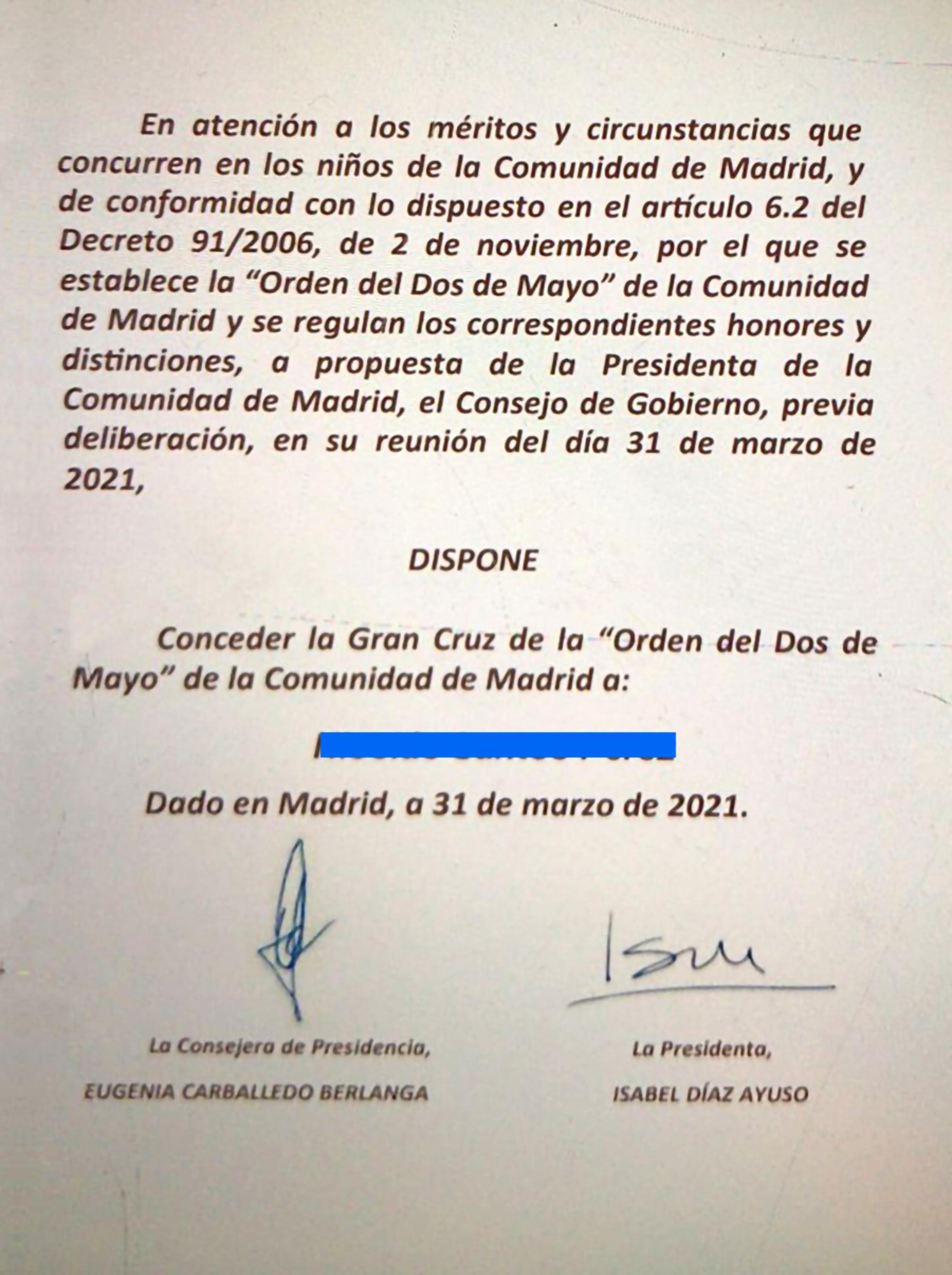 Diploma gran cruz orden del dos de mayo