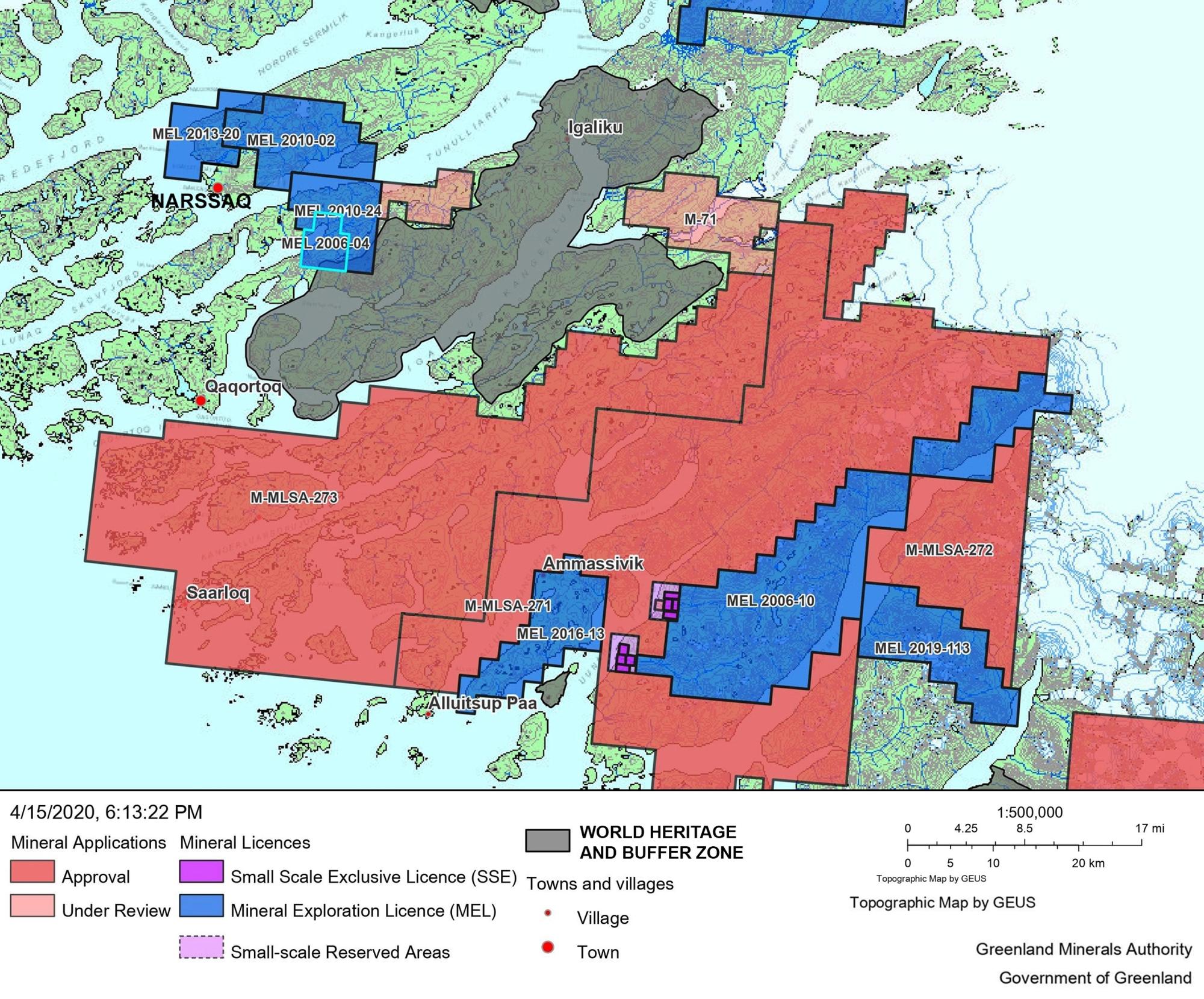 Mapa de las licencias mineras en Kommune Kujalleq en abril de 2020. Fuente: Greenland Minerals Authority, abril de 2020 / Andrea Martínez