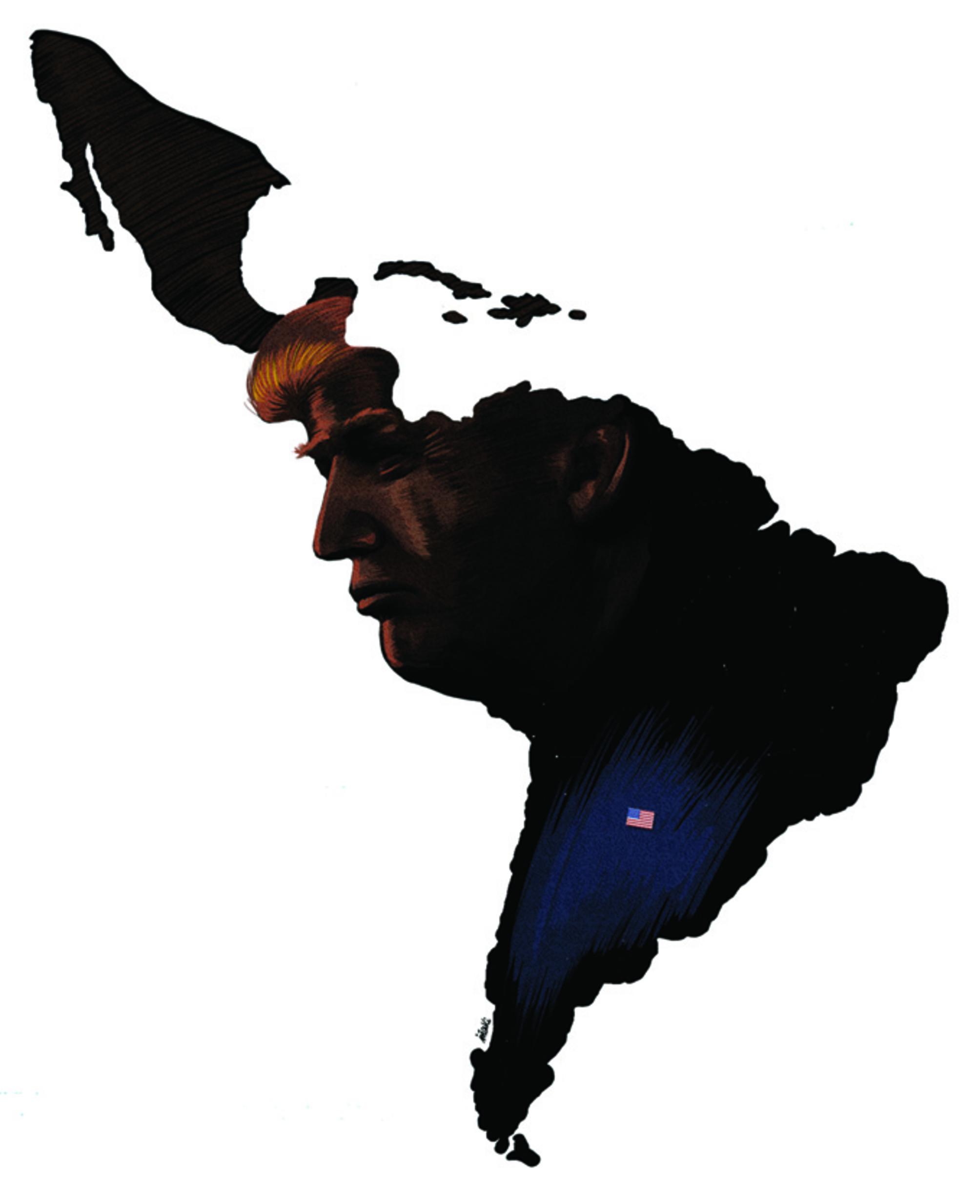 Ilustración de Iñaki Landa para el artículo "Antitrumpismo y nacionalismos en América Latina" del nº 74 de la Revista Pueblos