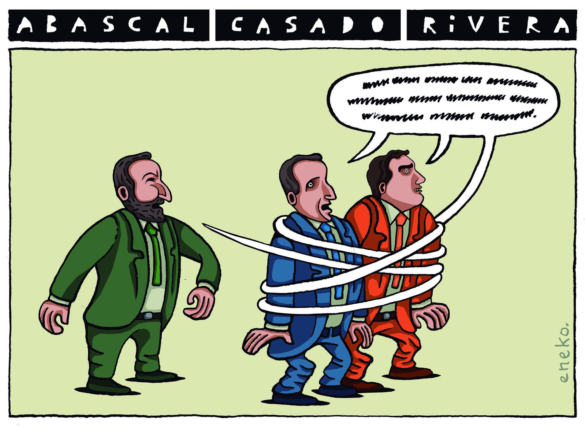 Viñeta de Eneko: Santiago Abascal, Pablo Casado y Albert Rivera