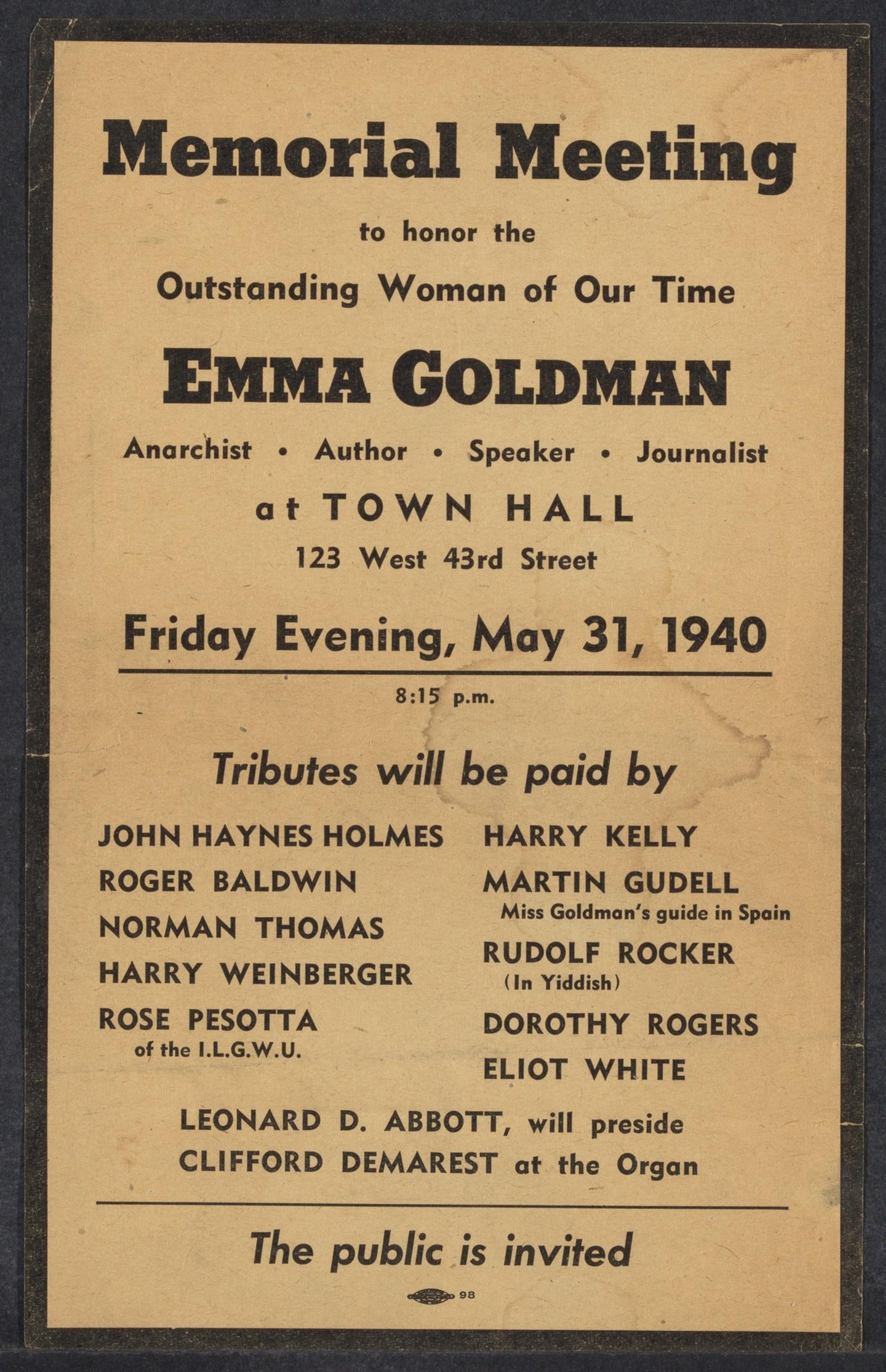 Cartel de acto en memoria de Emma Goldman 