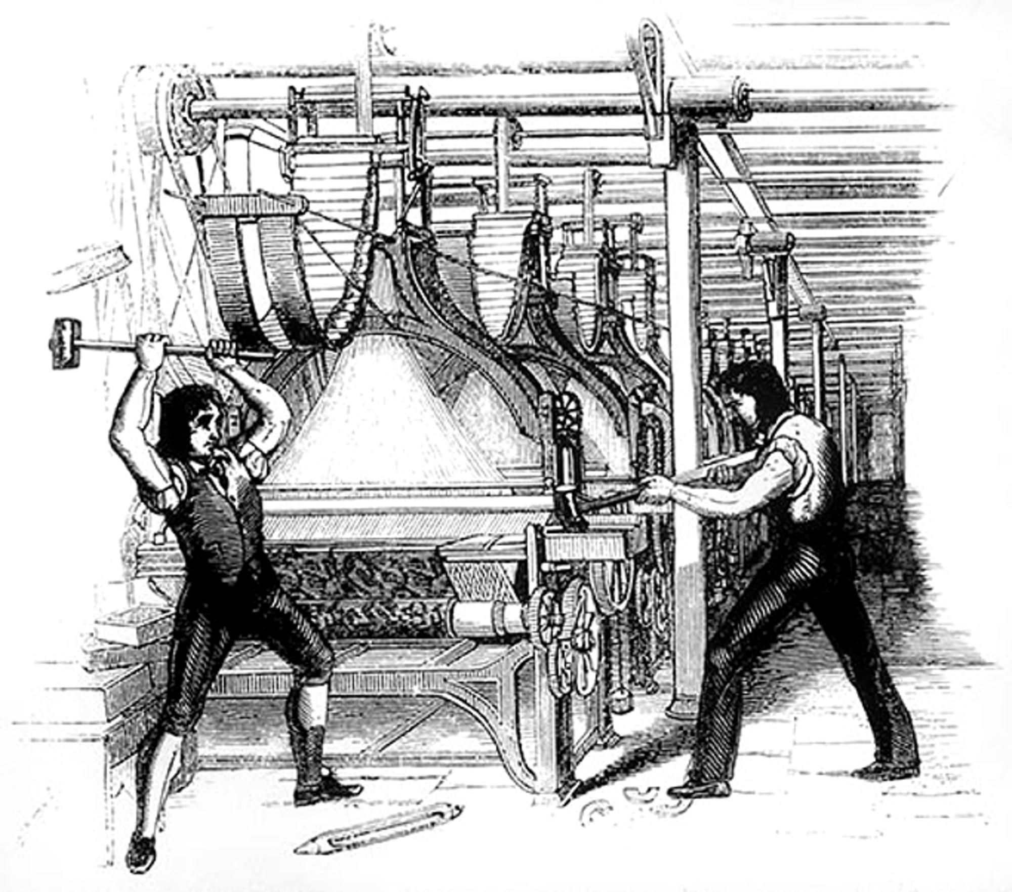 Luddites destruint un teler. Dibuix original de 1812.