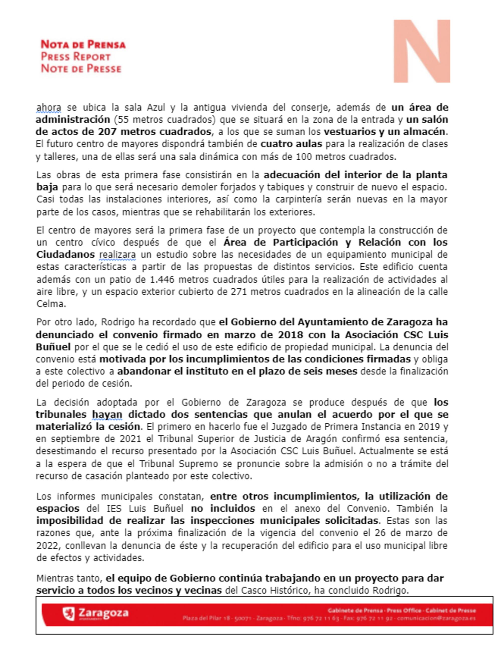 Capturas de pantalla de la nota de prensa del Ayuntamiento de Zaragoza..
