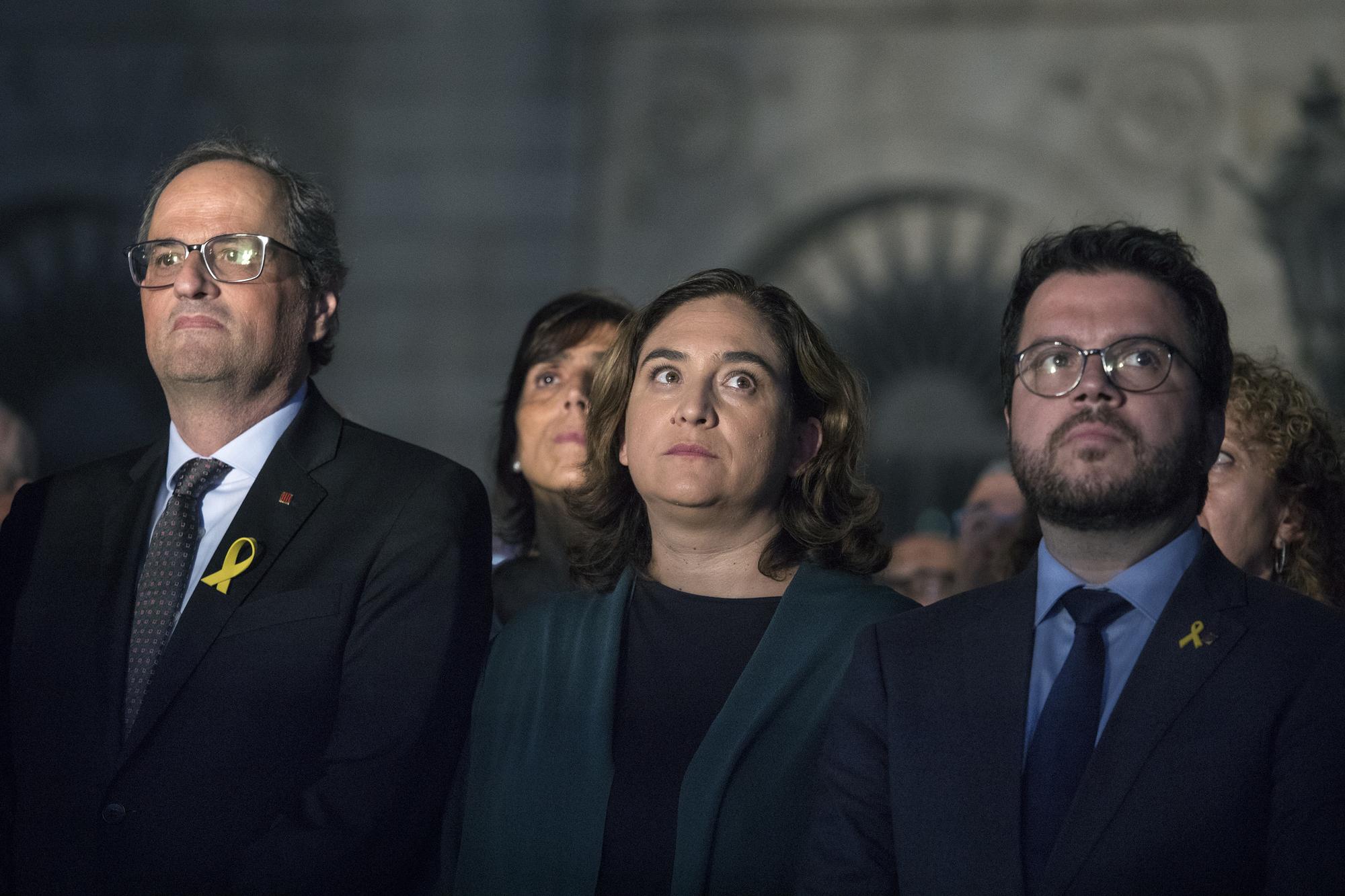 Acto en la víspera de la Diada, con el president de la Generalitat, Quim Torra, la alcaldesa de Barcelona, Ada Colau, y el vicepresidente de la Generalitat, Pere Aragonés