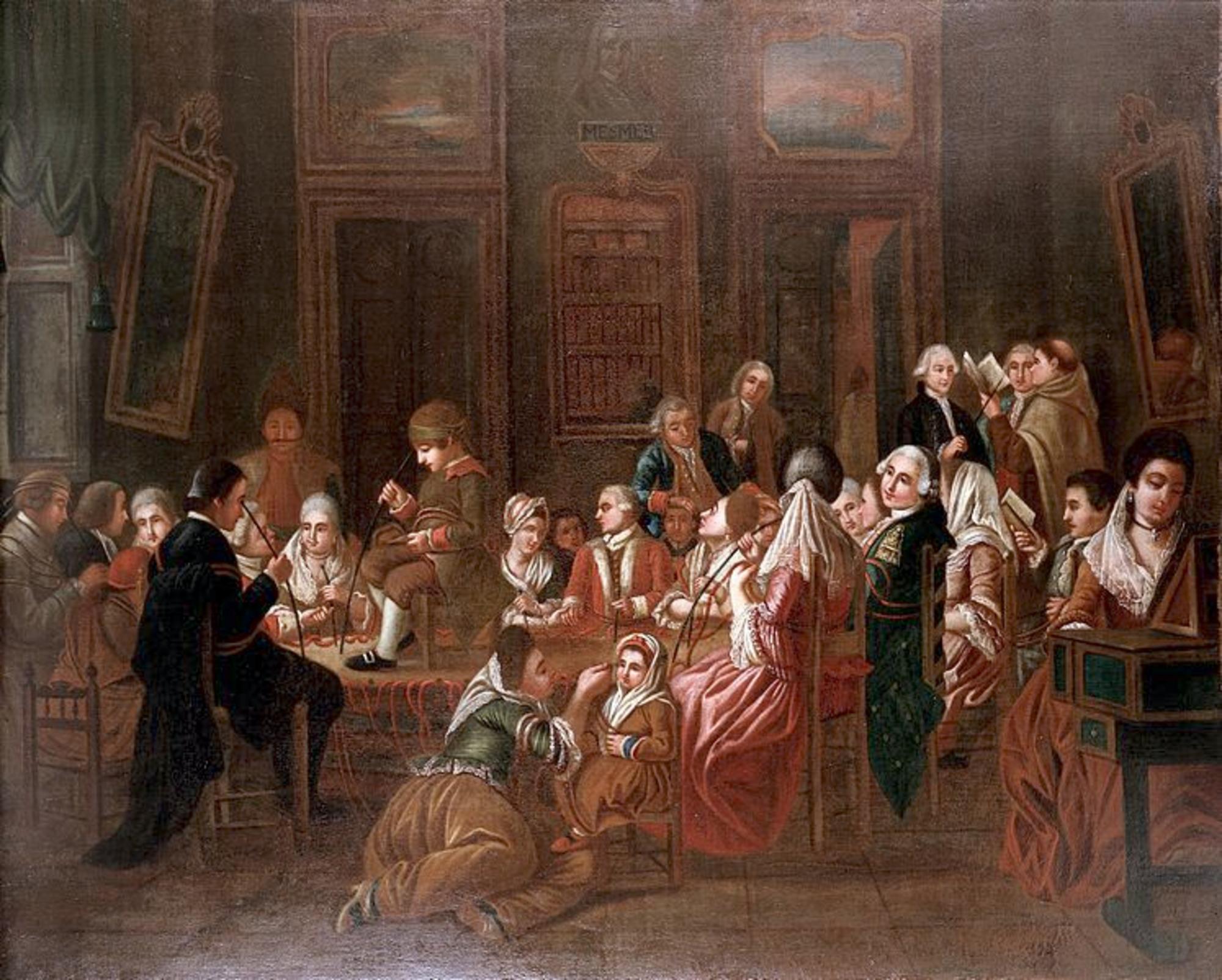 Mesmeric therapy. A group of mesmerised French patients. Oil painting by a French (?) painter, 1778-1784.