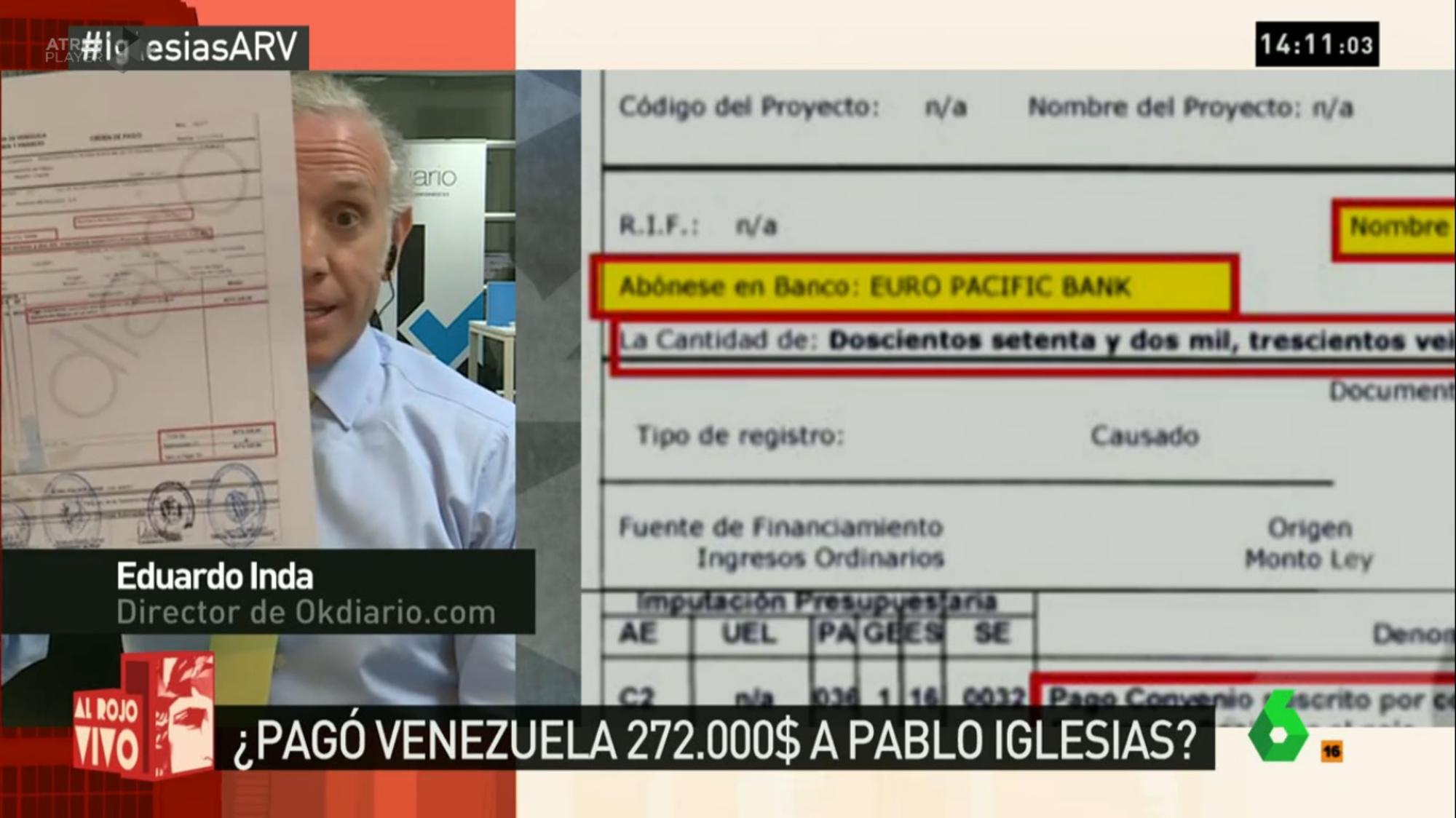 Eduardo Inda mostrando en La Sexta el documento del pago a Iglesias en Granadinas