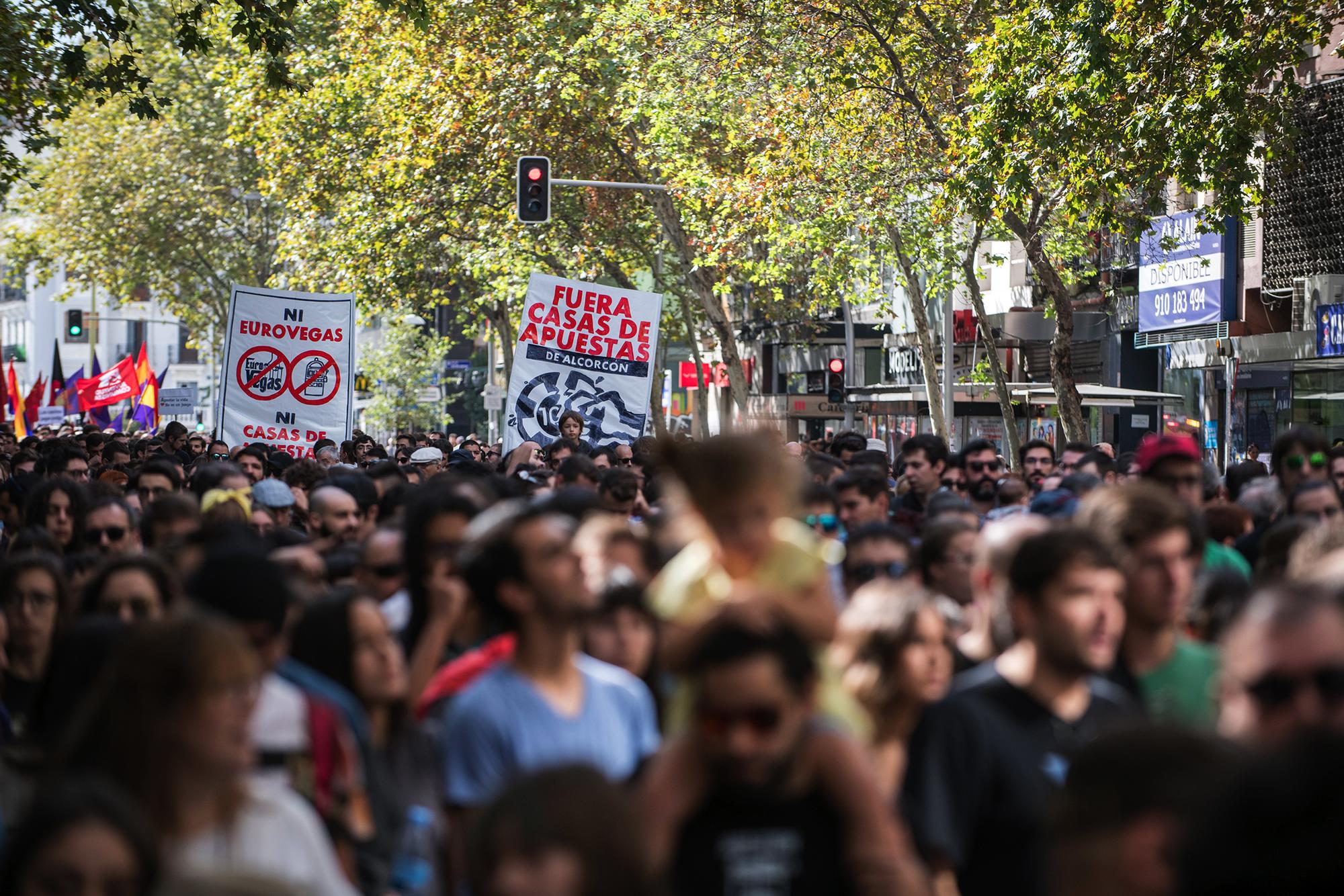 Manifestacion contra las casa de apuestas en el barrio de Tetuan, Madrid.