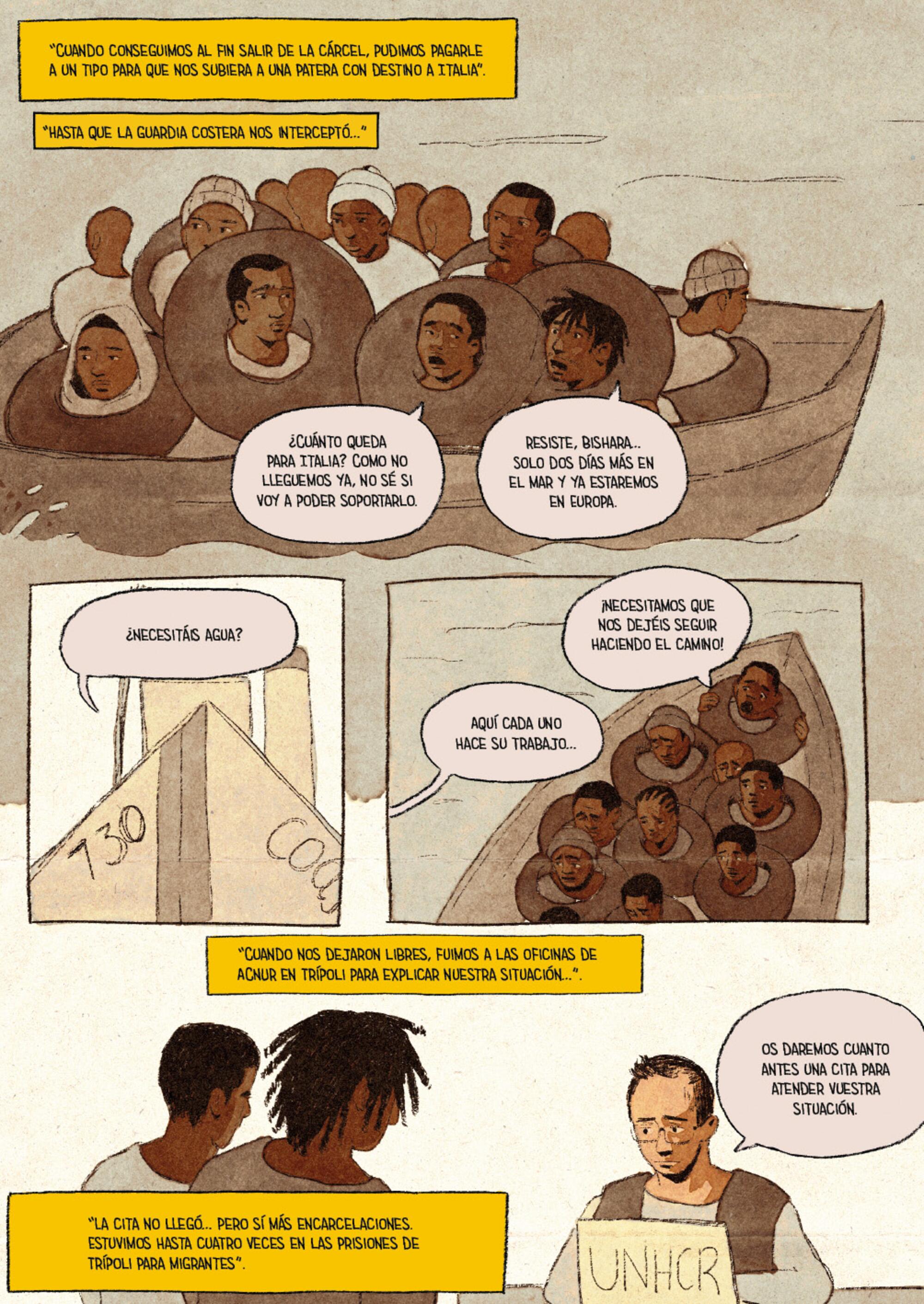 Una página de la historia de Bishara en el cómic ‘Los nadie’, ilustrada por Shiroug Idris